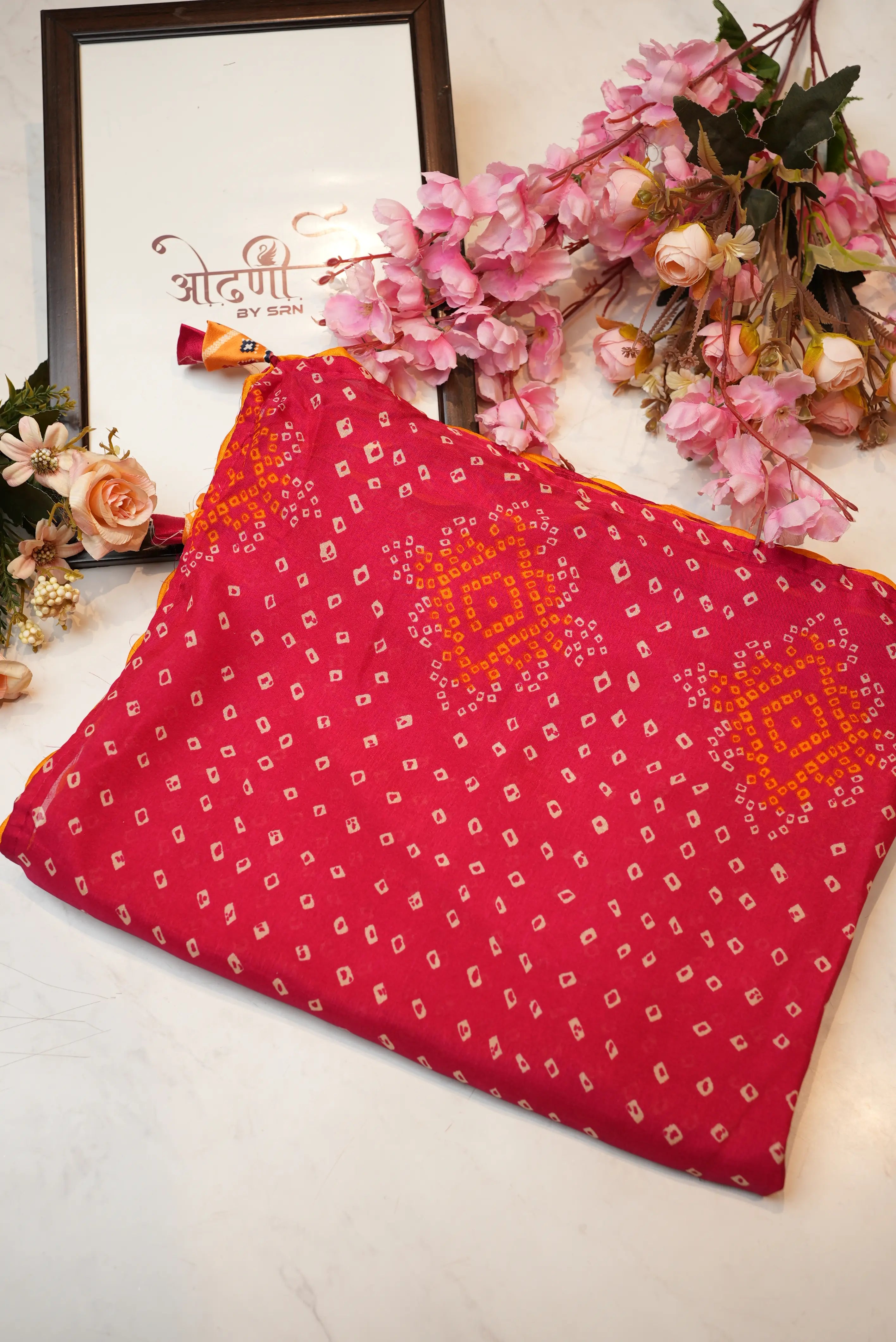 Rajasthani Chunri Print Saree with Contrast Piping