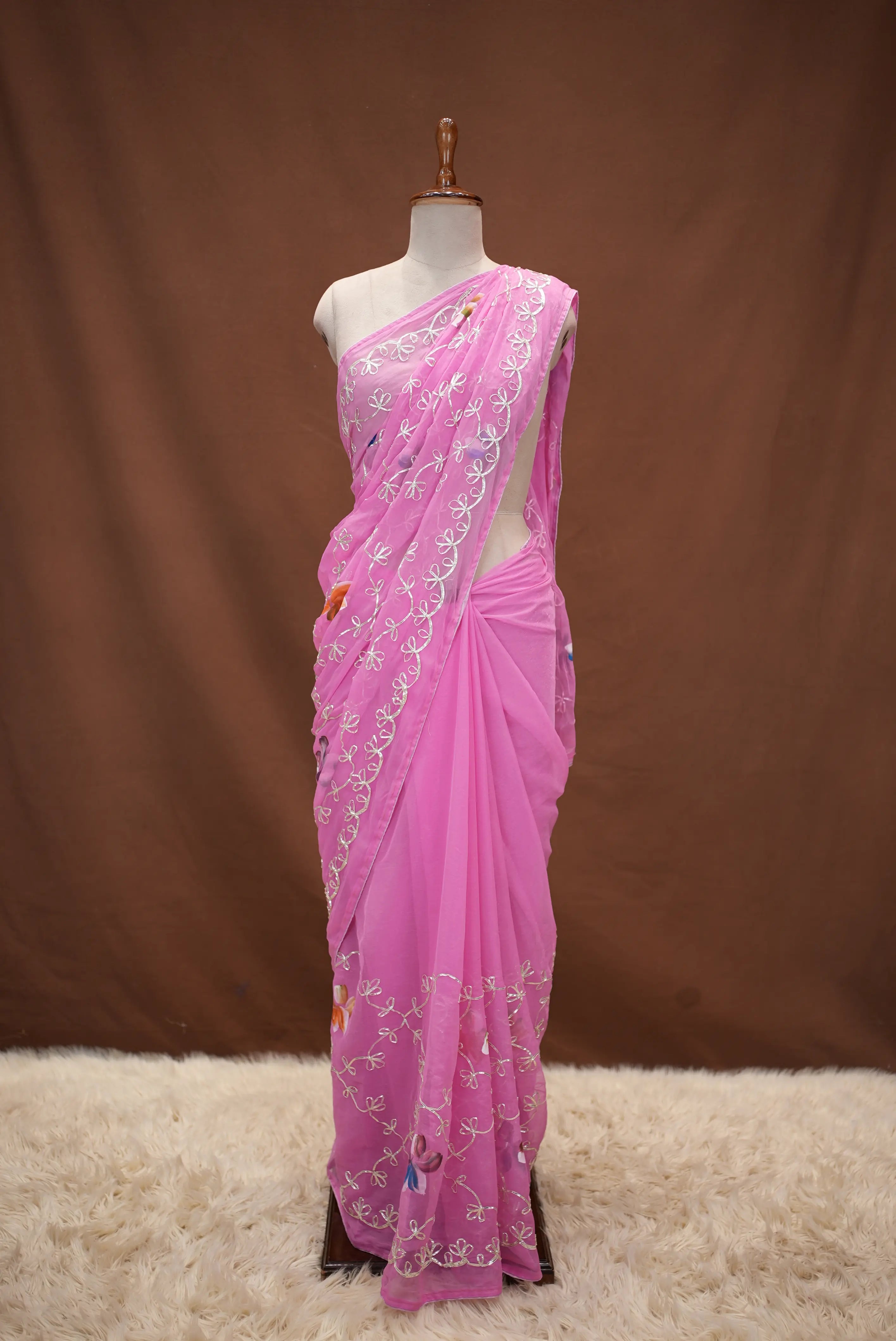 Kacchi Gota Patti Work Shimmer Chiffon Saree with Jaal Pattern & Blouse