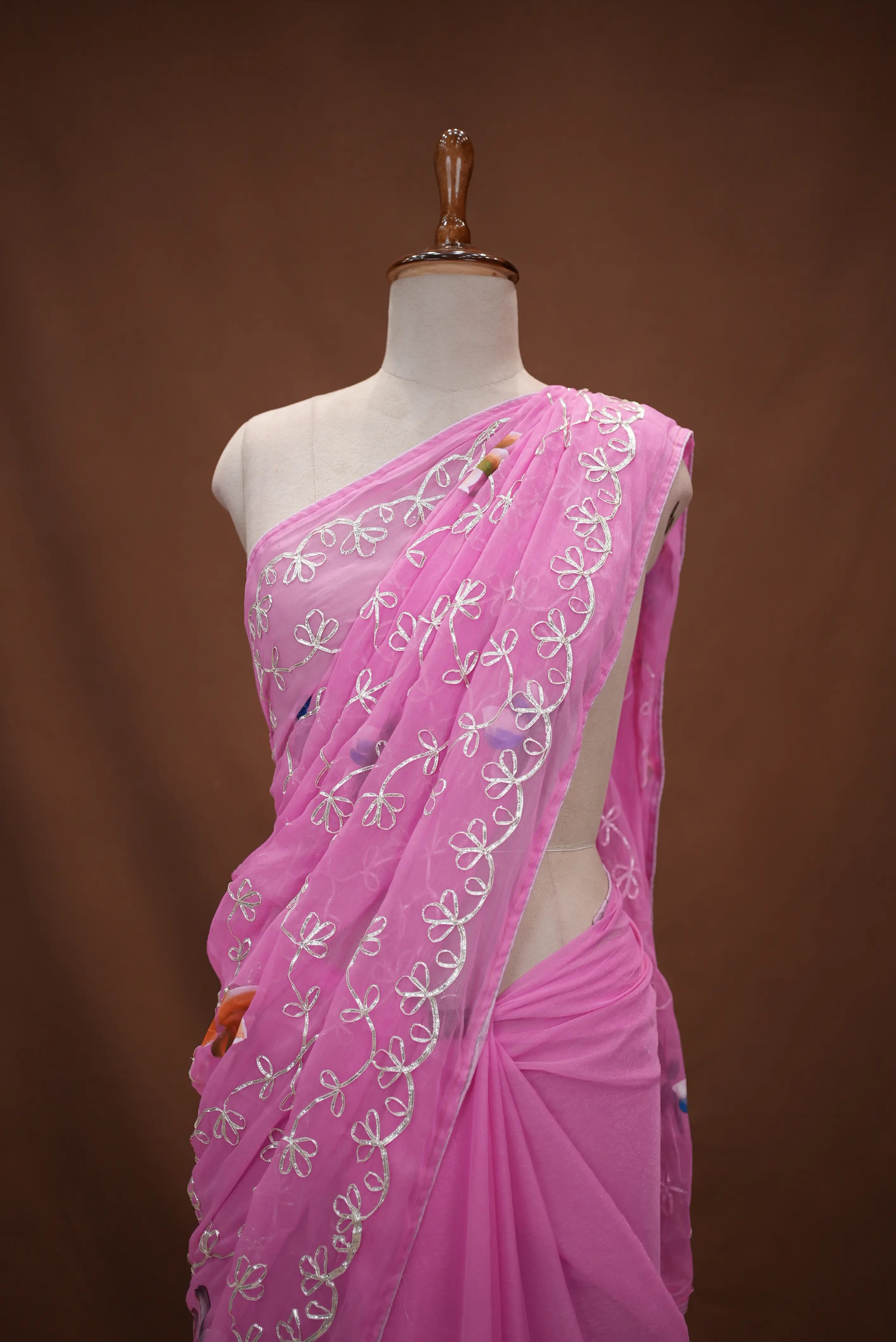 Kacchi Gota Patti Work Shimmer Chiffon Saree with Jaal Pattern & Blouse