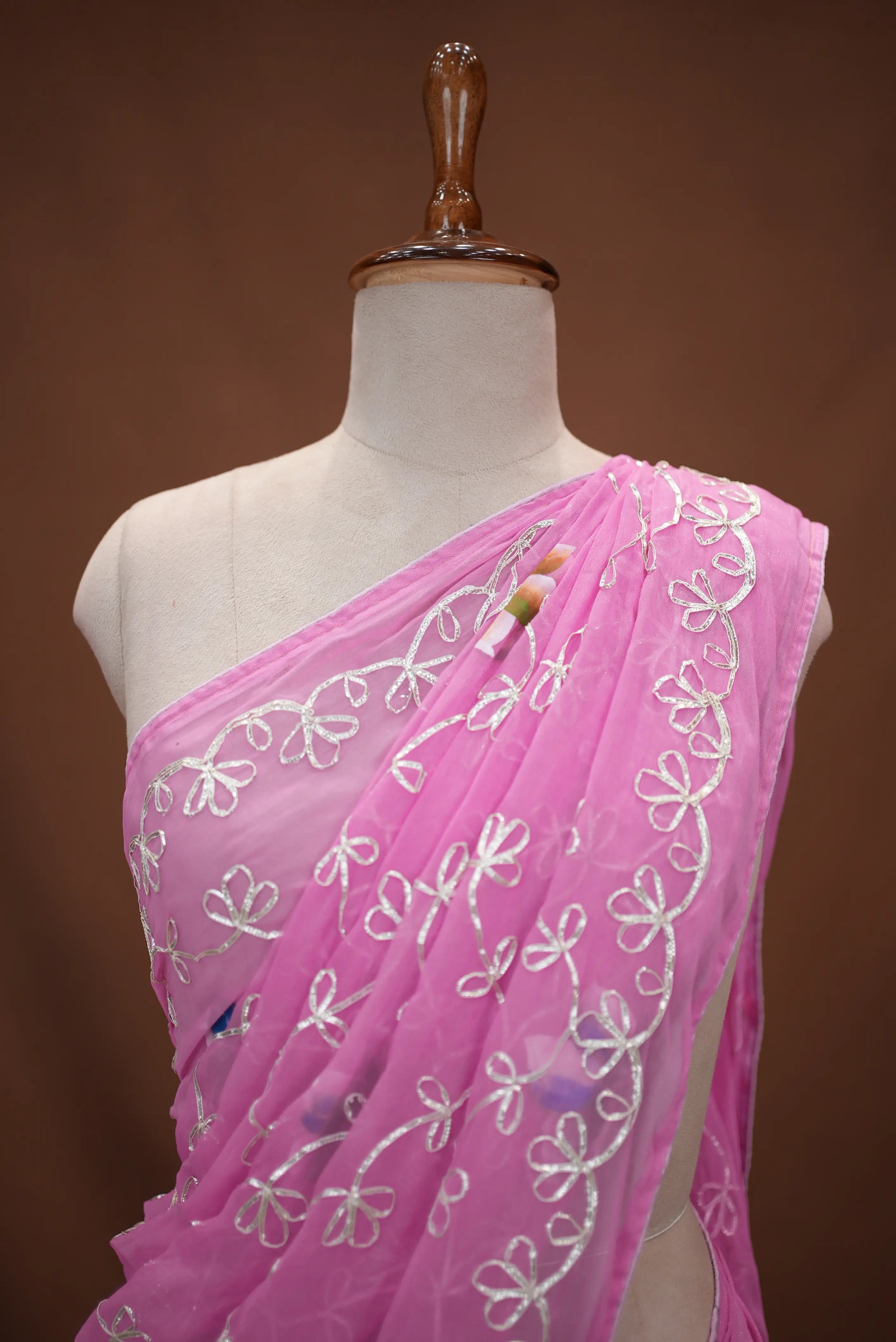 Kacchi Gota Patti Work Shimmer Chiffon Saree with Jaal Pattern & Blouse