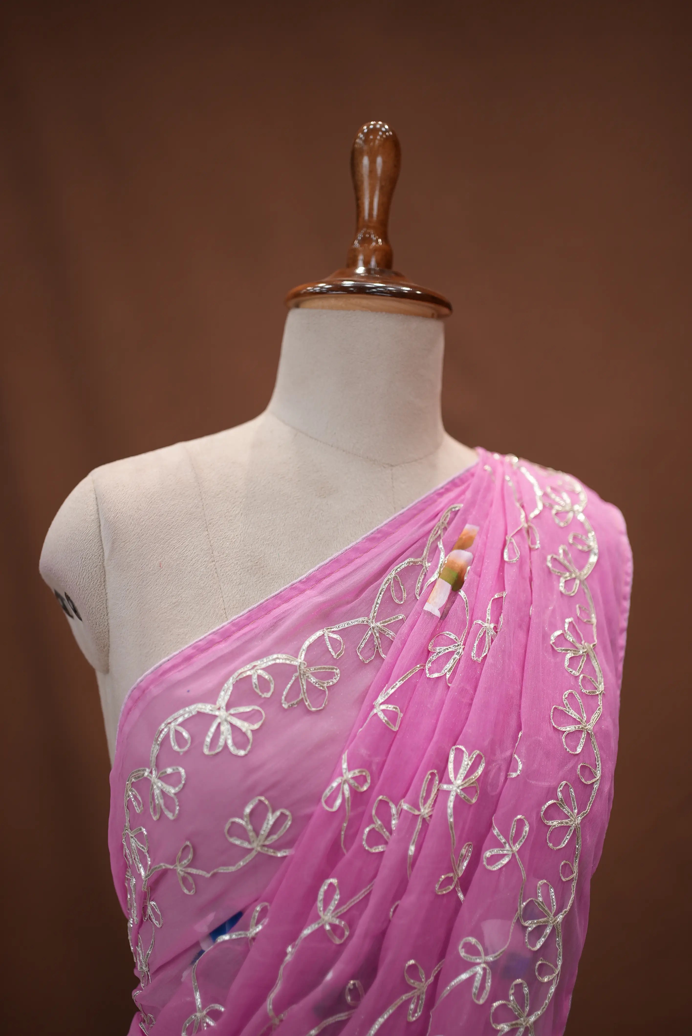 Kacchi Gota Patti Work Shimmer Chiffon Saree with Jaal Pattern & Blouse