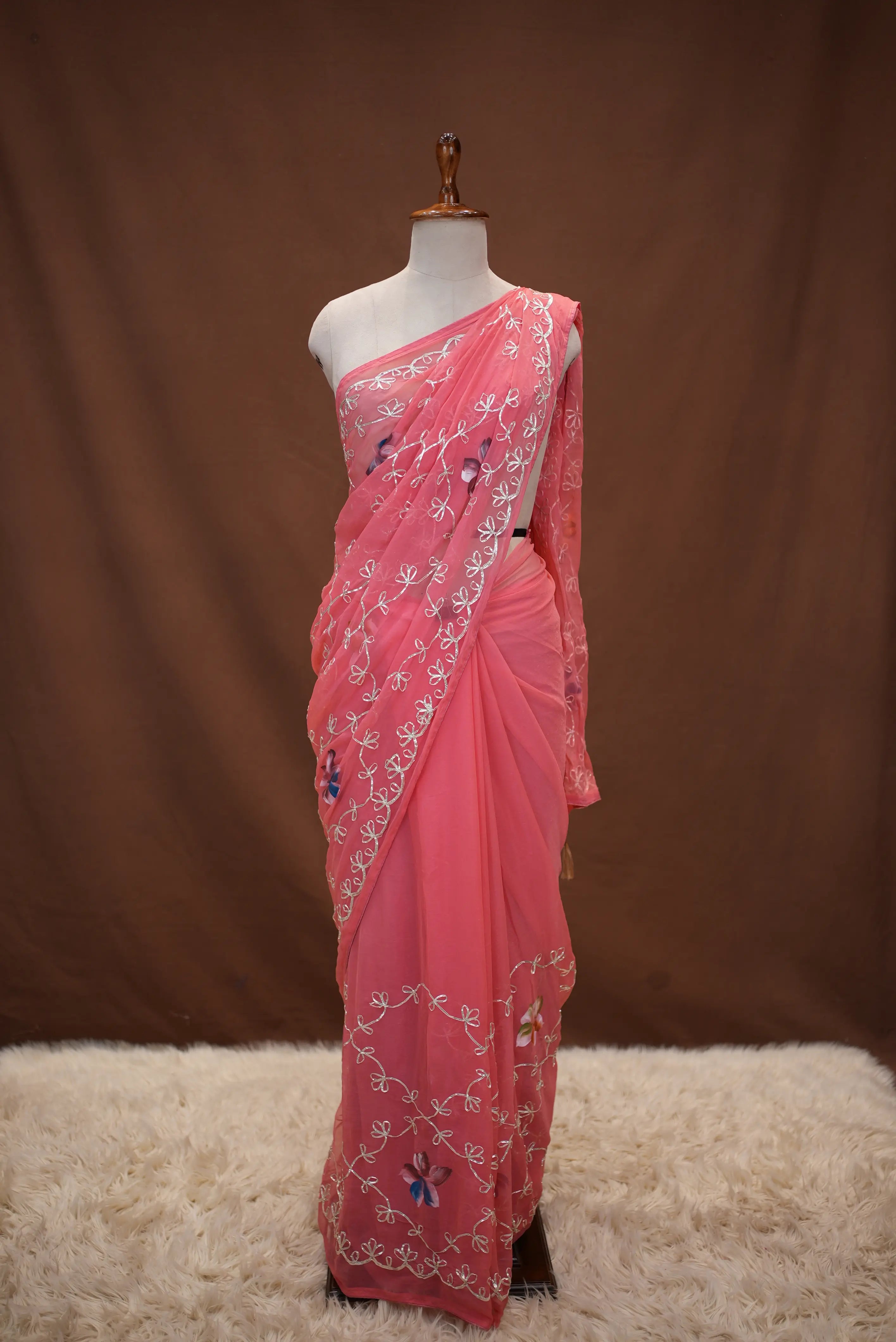 Kacchi Gota Patti Work Shimmer Chiffon Saree with Jaal Pattern & Blouse