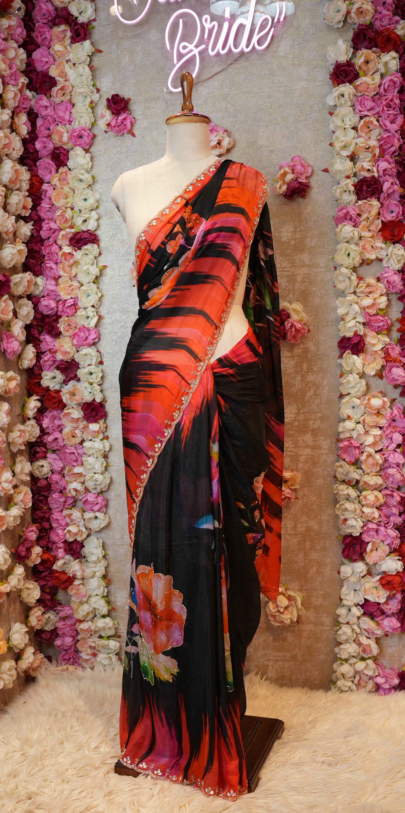 DIGITAL PRINT GLASS SILK SAREE WITH HANDWORK (WITH BLOUSE) ##SR372