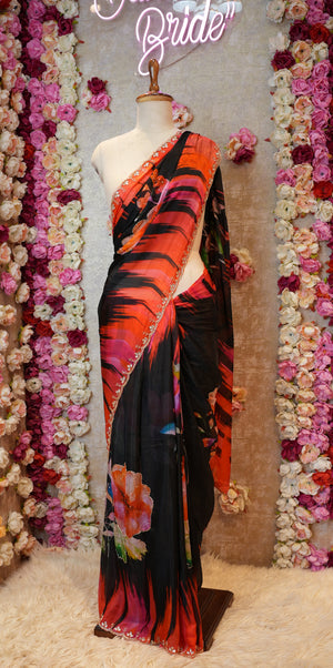 DIGITAL PRINT GLASS SILK SAREE WITH HANDWORK (WITH BLOUSE) ##SR372