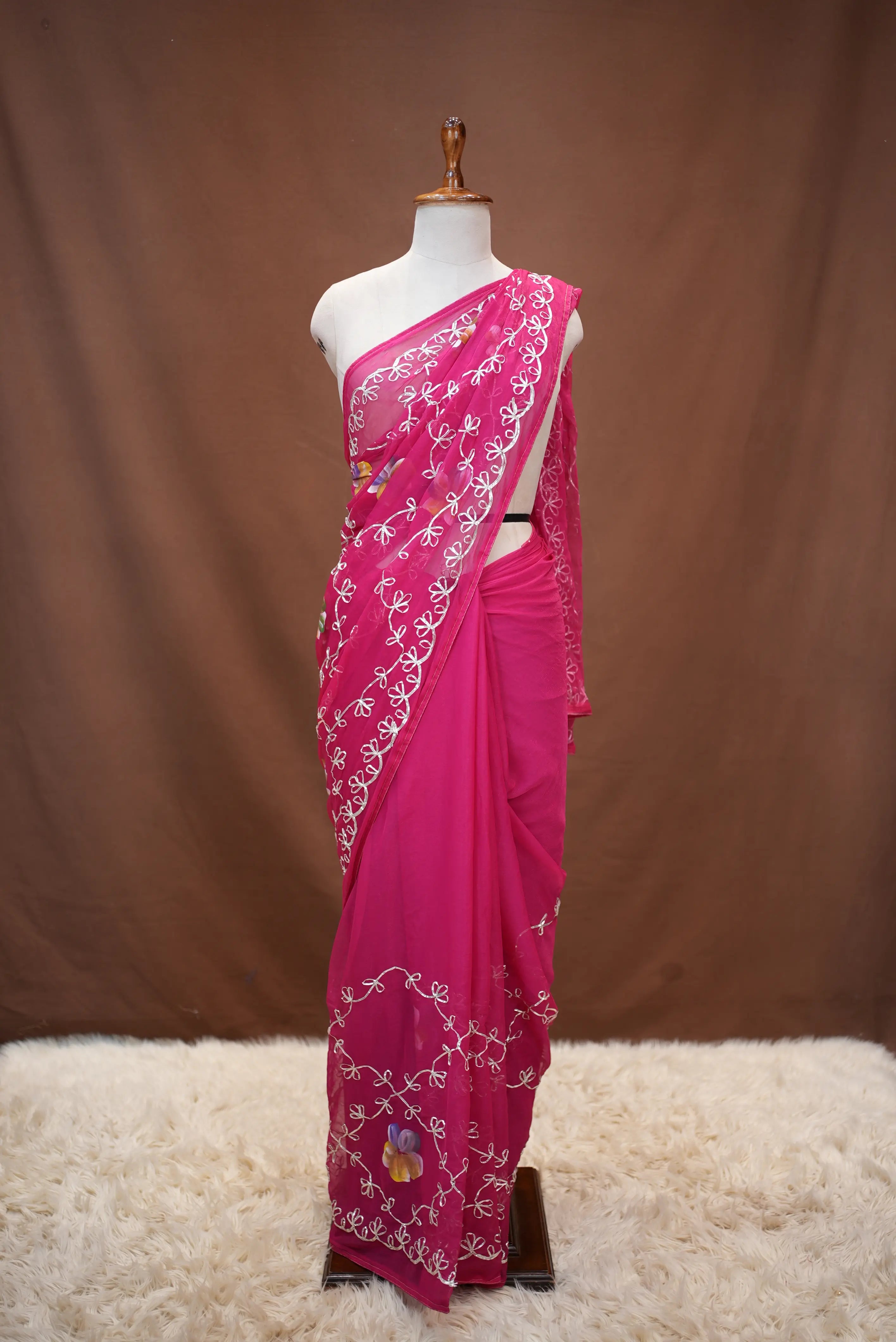 Kacchi Gota Patti Work Shimmer Chiffon Saree with Jaal Pattern & Blouse