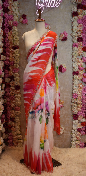 DIGITAL PRINT GLASS SILK SAREE WITH HANDWORK (WITH BLOUSE) ##SR372