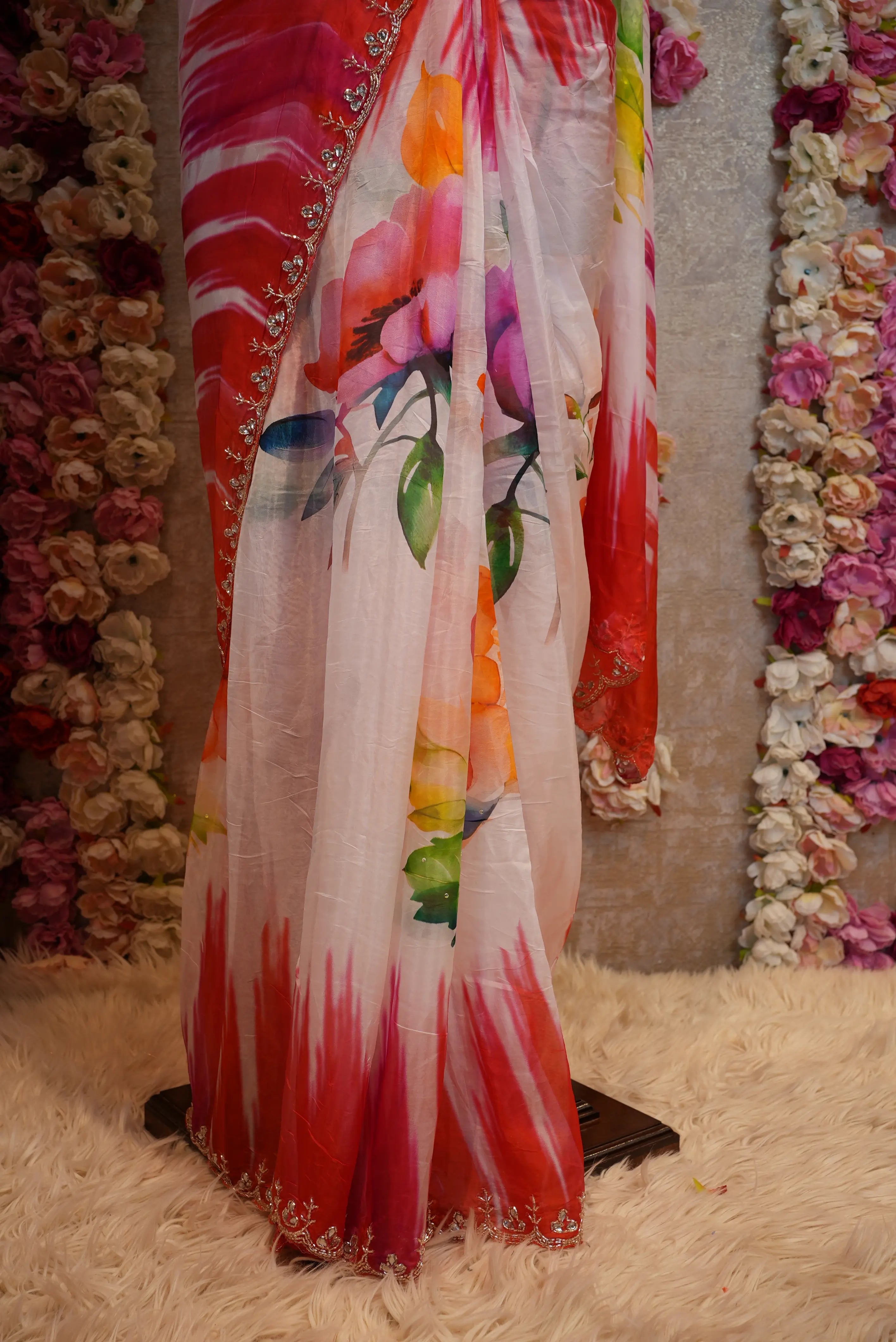 Digital Print Glass Silk Saree with Handwork (With Blouse)