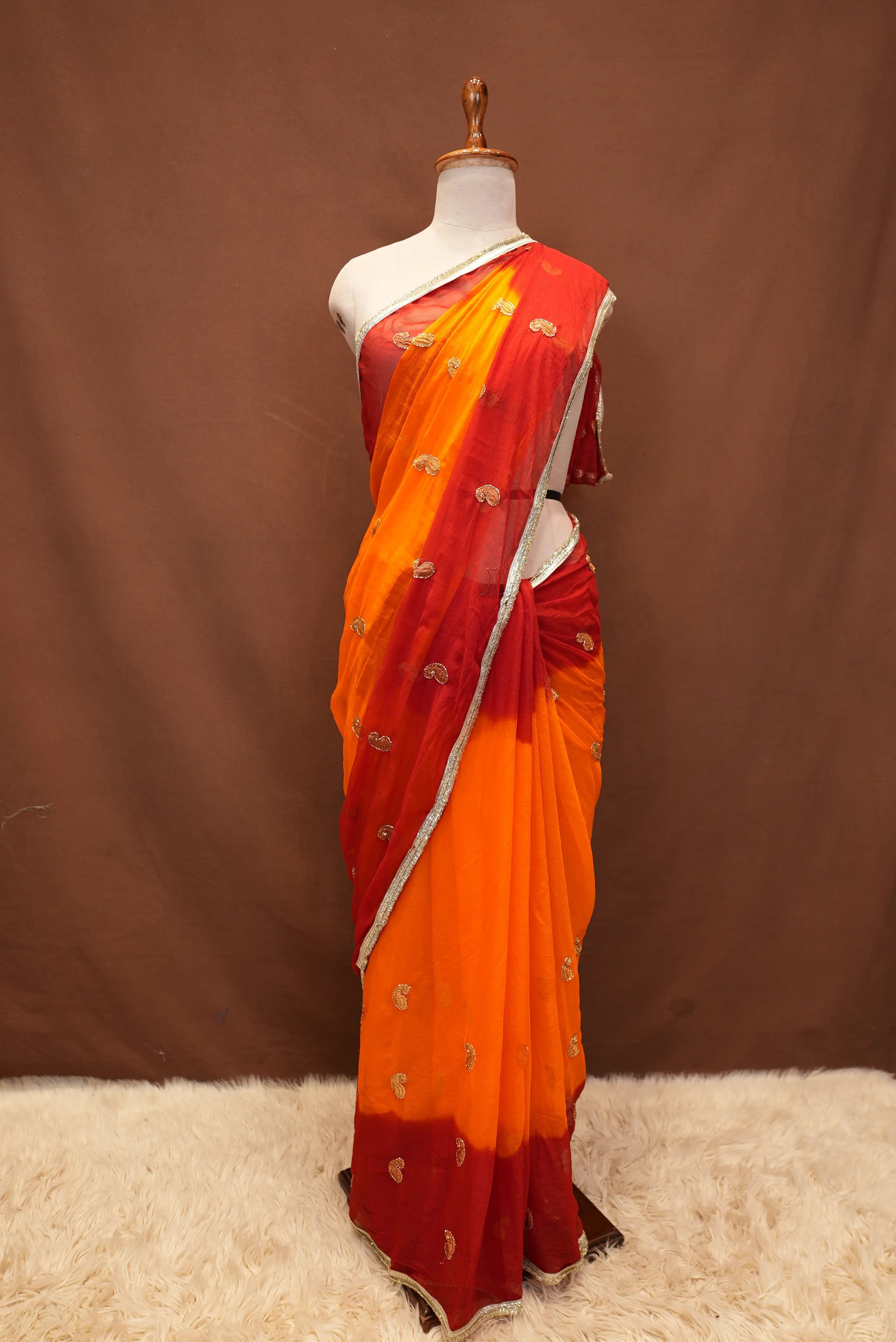 Shekhawati Special Pila Shimmer Chiffon Saree With Buti Work (With Blouse)