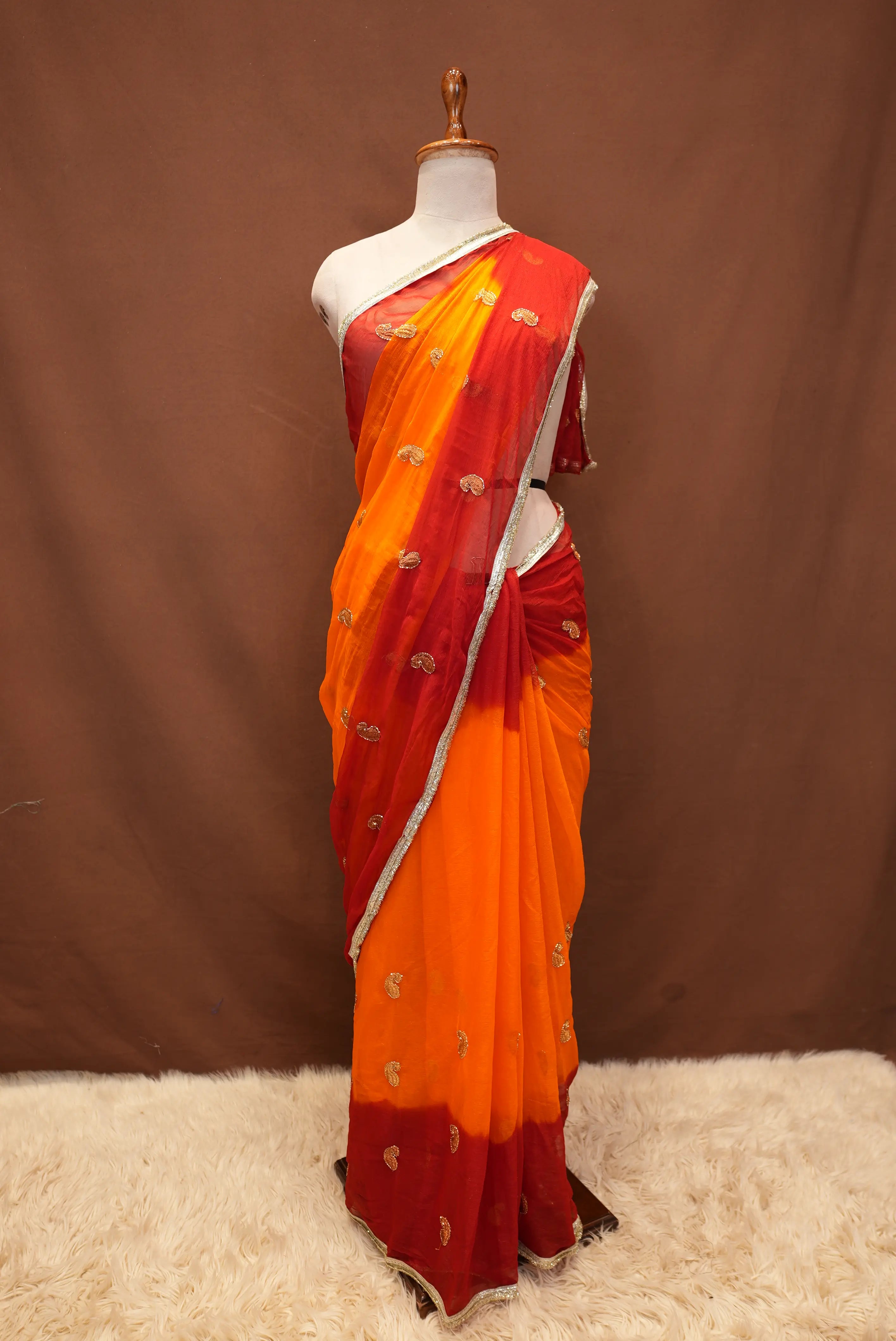 Shekhawati Special Pila Shimmer Chiffon Saree With Buti Work (With Blouse)