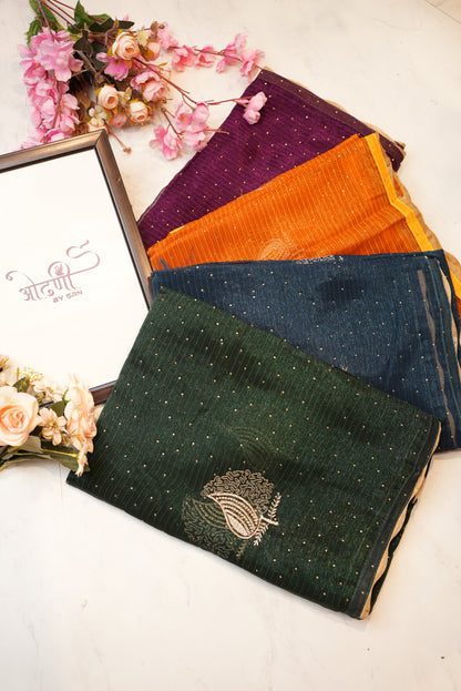 Shimmer fabric saree with embroidery buta and Contrast piping ##SR053