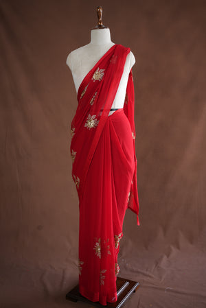 KARWA CHAUTH SPECIAL SAREE WITH SATIN BORDER AND AARI TARI & SEQUENCE WORK ( WITH BLOUSE) ##SR0380