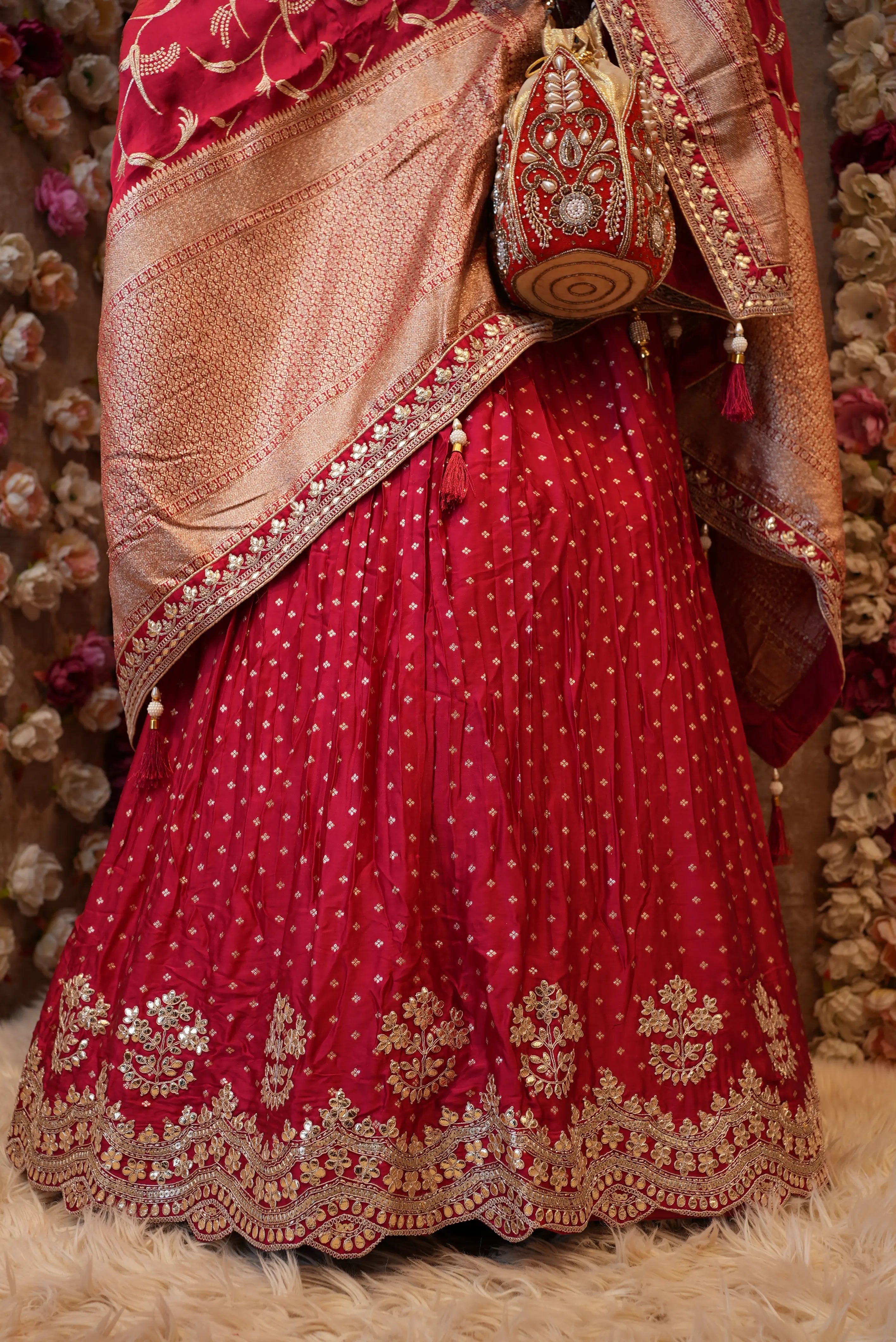 Karwa Chauth Special Sindoori Red Silk Lehenga with Banarasi Zari & Gota Patti