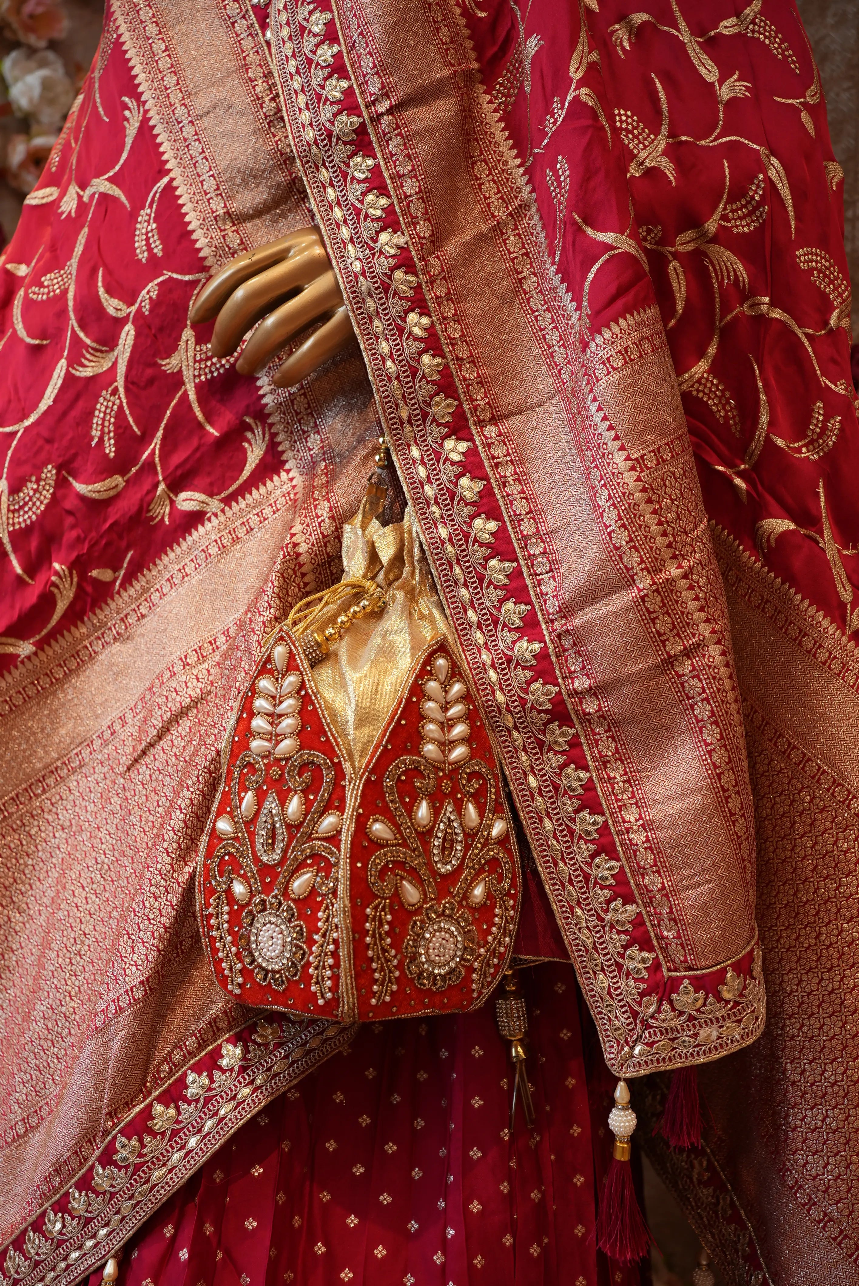 Karwa Chauth Special Sindoori Red Silk Lehenga with Banarasi Zari & Gota Patti