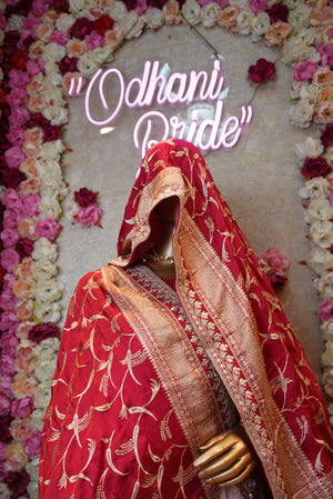 KARWA CHAUTH SOECIAL SINDOORI RED LEHENGA ON HC SILK FABRIC WITH BANRASI JARI WEAVING BUTI & GOTA PATTI WORK AND BANARASI ZARI WEAVING BORDER DUPATTA WITH HEAVY BLOUSE ##LC028