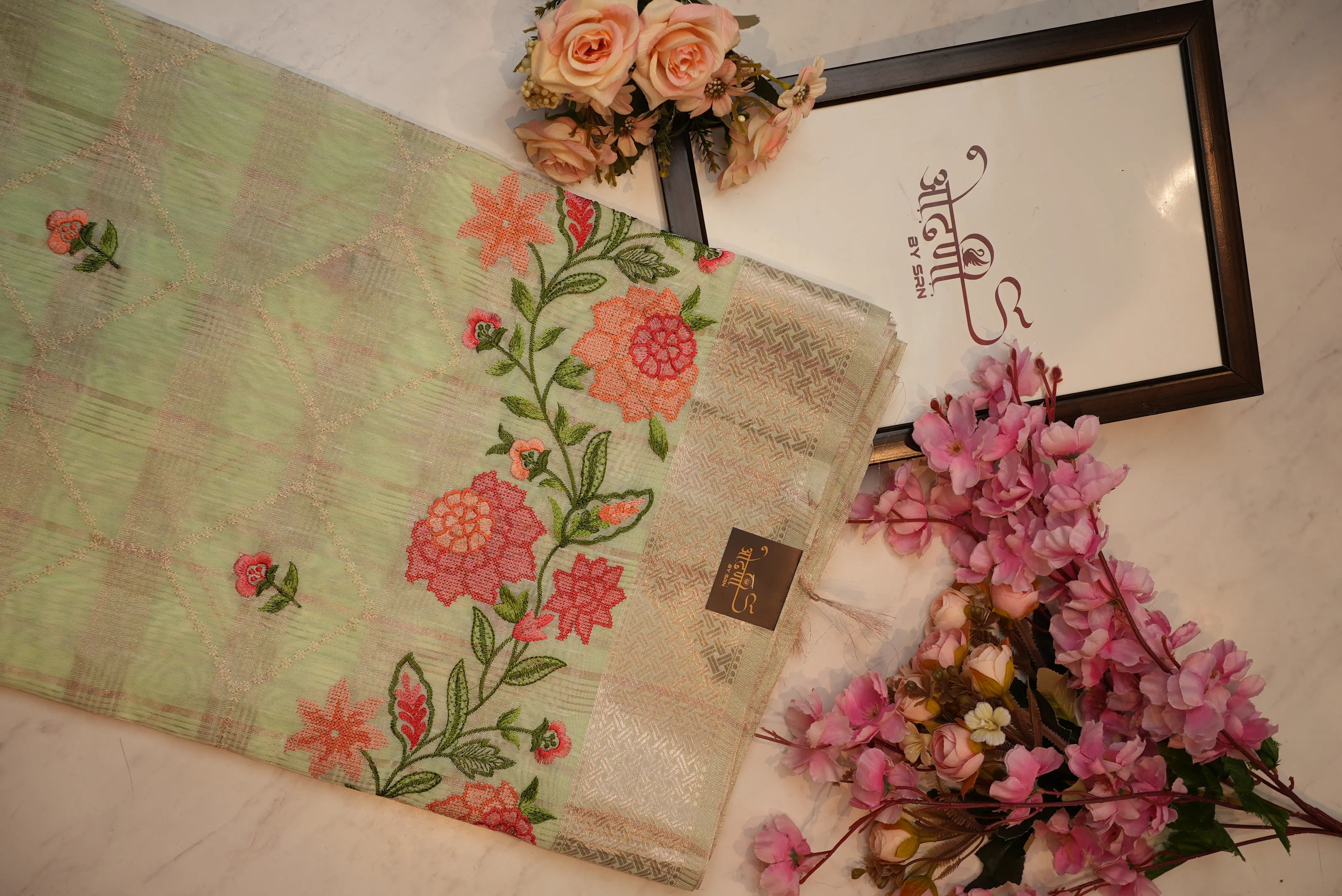 Cotton Kota Doria Saree With Casement Work