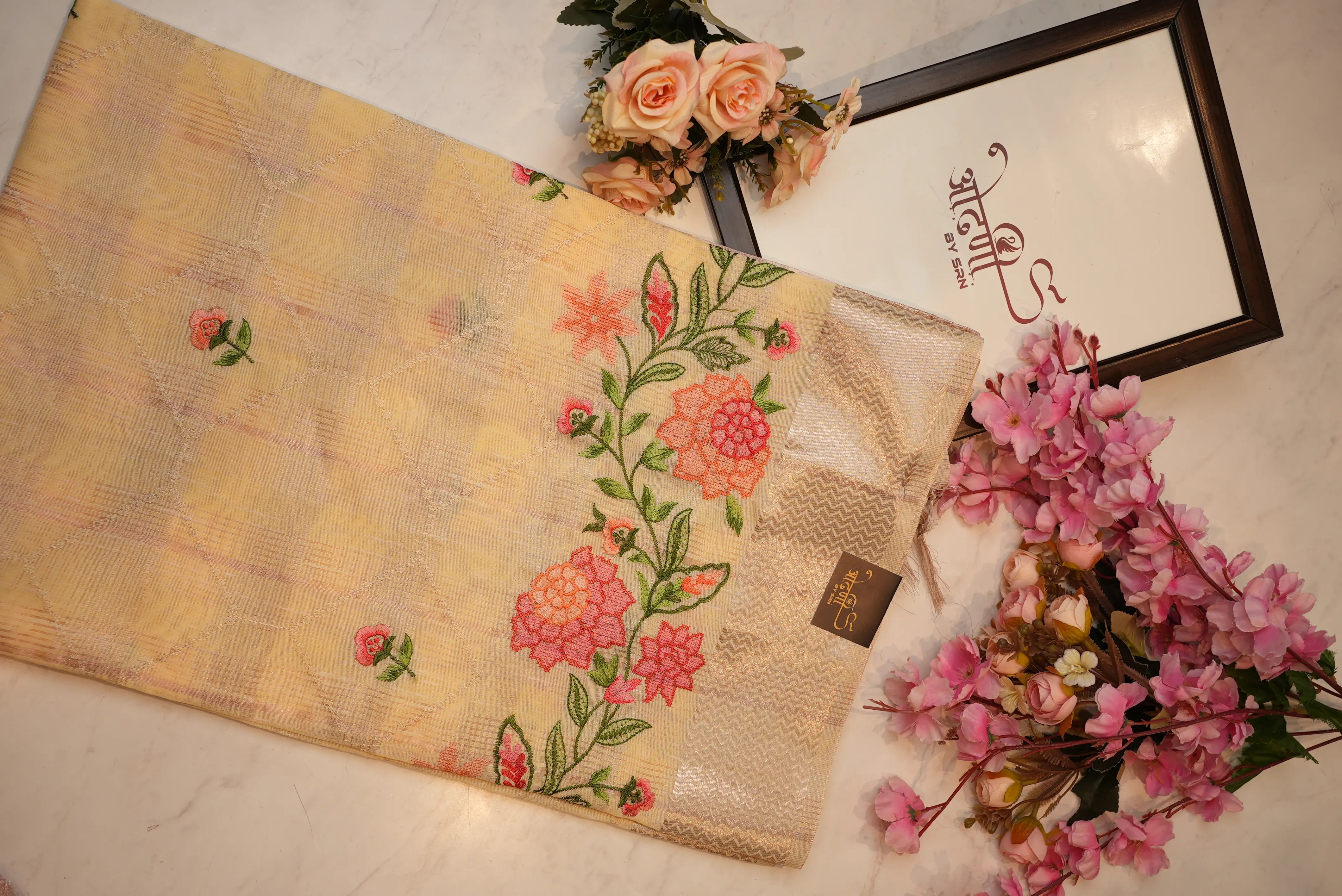 Cotton Kota Doria Saree With Casement Work