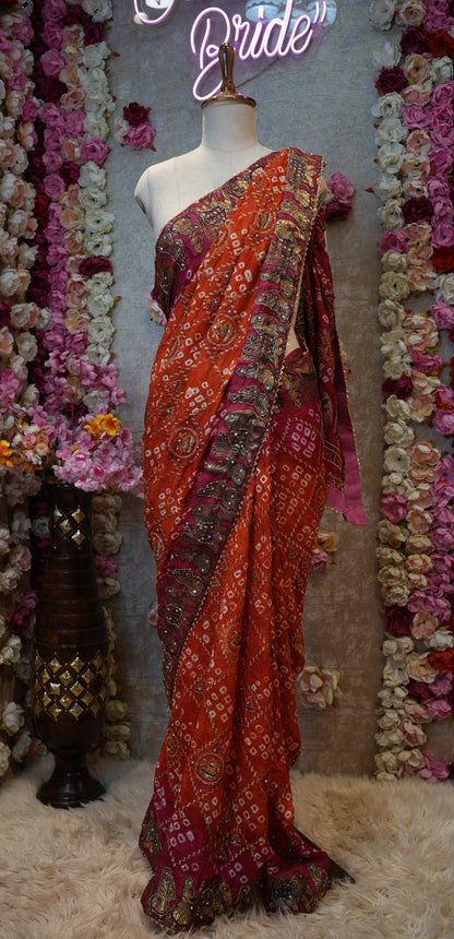 KARWA CHAUTH SPECIAL HANDWORK WITH GHATCHOLA PATTERN SAREE WITH EMBIORDERY AND DOLI BARAT PRINT ##SR0375