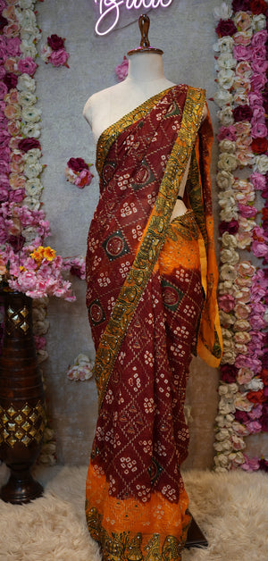 KARWA CHAUTH SPECIAL HANDWORK WITH GHATCHOLA PATTERN SAREE WITH EMBIORDERY AND DOLI BARAT PRINT ##SR0375