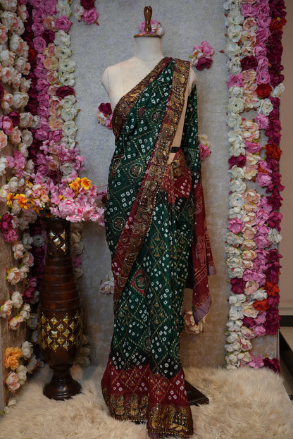 KARWA CHAUTH SPECIAL HANDWORK WITH GHATCHOLA PATTERN SAREE WITH EMBIORDERY AND DOLI BARAT PRINT ##SR0375