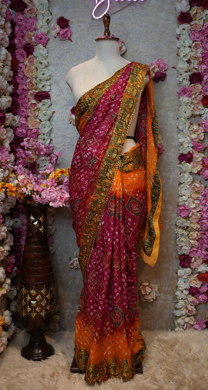 KARWA CHAUTH SPECIAL HANDWORK WITH GHATCHOLA PATTERN SAREE WITH EMBIORDERY AND DOLI BARAT PRINT ##SR0375