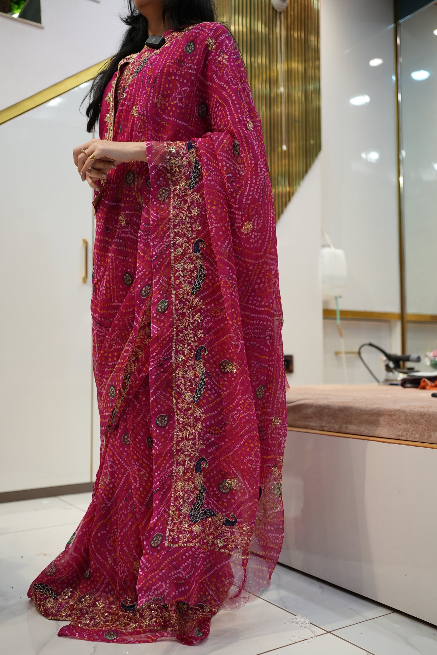 Darbari saree with bandhani print & aaritari work and peacock border  ##SR0187