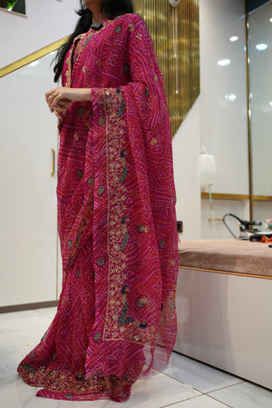 Darbari saree with bandhani print & aaritari work and peacock border  ##SR0187