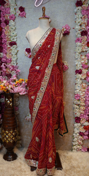 RAJSTHANI HANDWORK CHUNRI SAREE WITH GOTA PATTI AND PITTAN WORK AND BLOUSE   ##SR0392