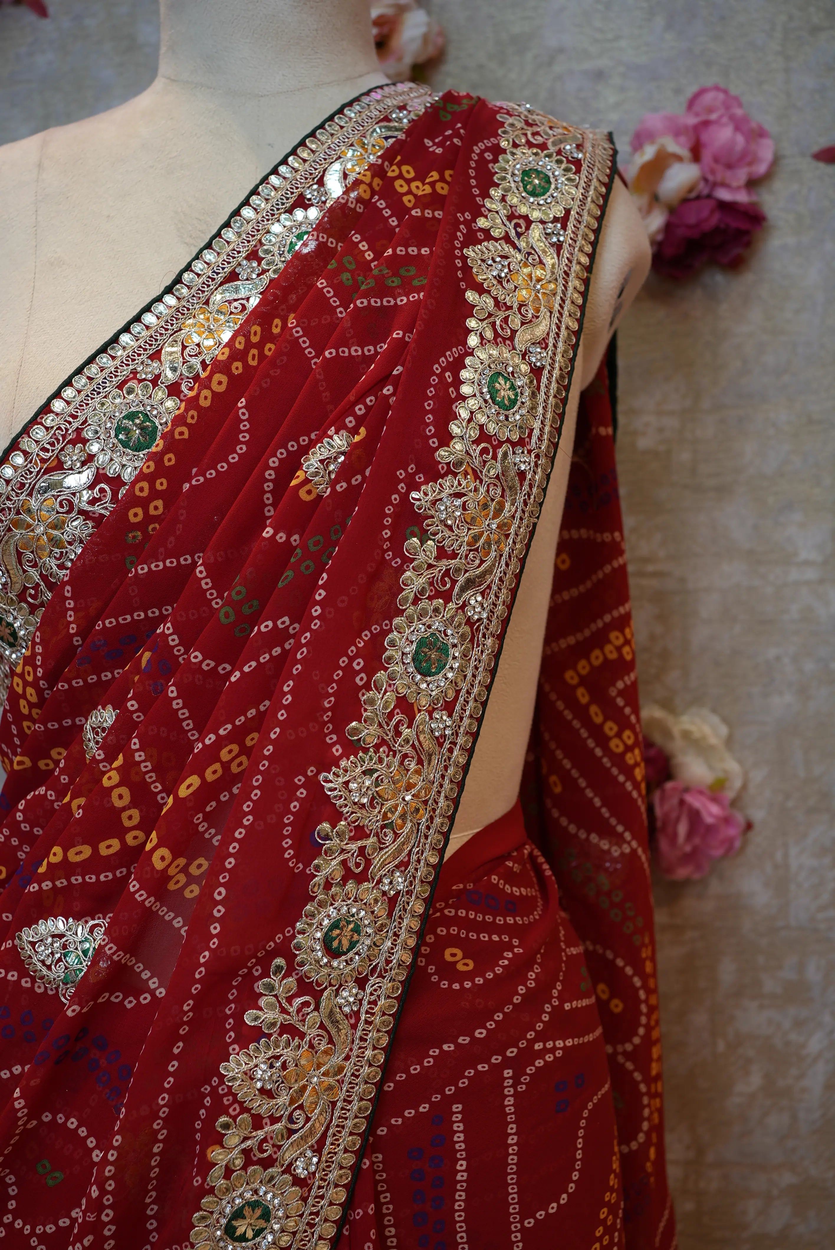 Rajasthani Chunri Saree with Gota Patti, Pittan Work & Blouse