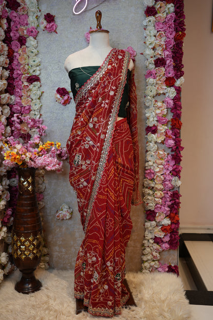 RAJSTHANI HANDWORK CHUNRI SAREE WITH  GOTA PATTI AND PITTAN WORK & ELEPHANT DESIGN (WITH BLOUSE) ##SR0393