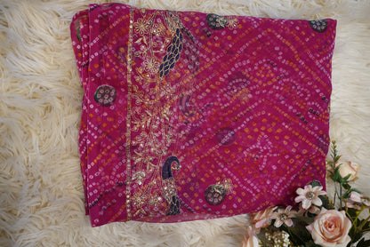 Darbari saree with bandhani print & aaritari work and peacock border  ##SR0187