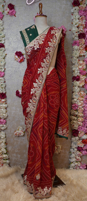 RAJSTHANI HANDWORK CHUNRI SAREE WITH SEQUENCE WORK (WITH BLOUSE) ##SR0397