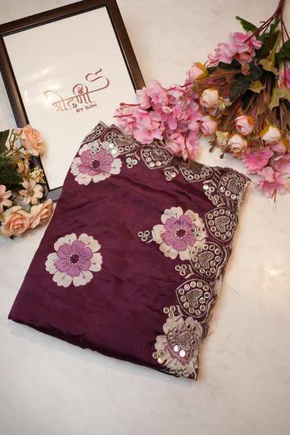 Mirror work scallop border with flower design print & fancy silk ##SR069