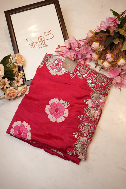 Mirror work scallop border with flower design print & fancy silk ##SR069