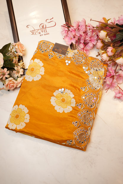 Mirror work scallop border with flower design print & fancy silk ##SR069