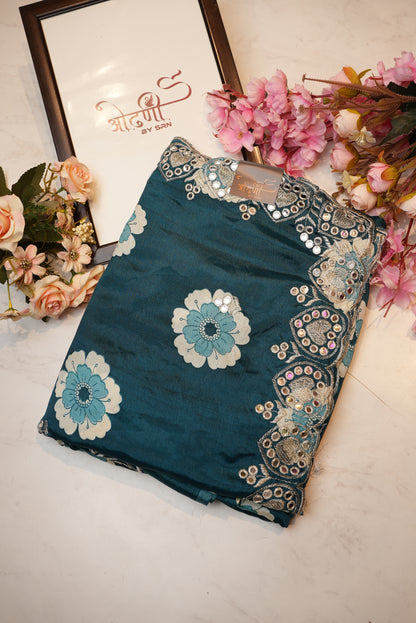 Mirror work scallop border with flower design print & fancy silk ##SR069