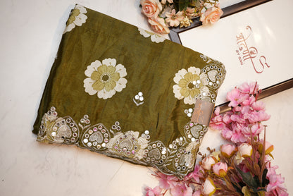 Mirror work scallop border with flower design print & fancy silk ##SR069