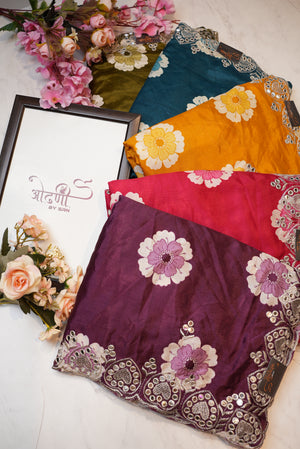 Mirror work scallop border with flower design print & fancy silk ##SR069