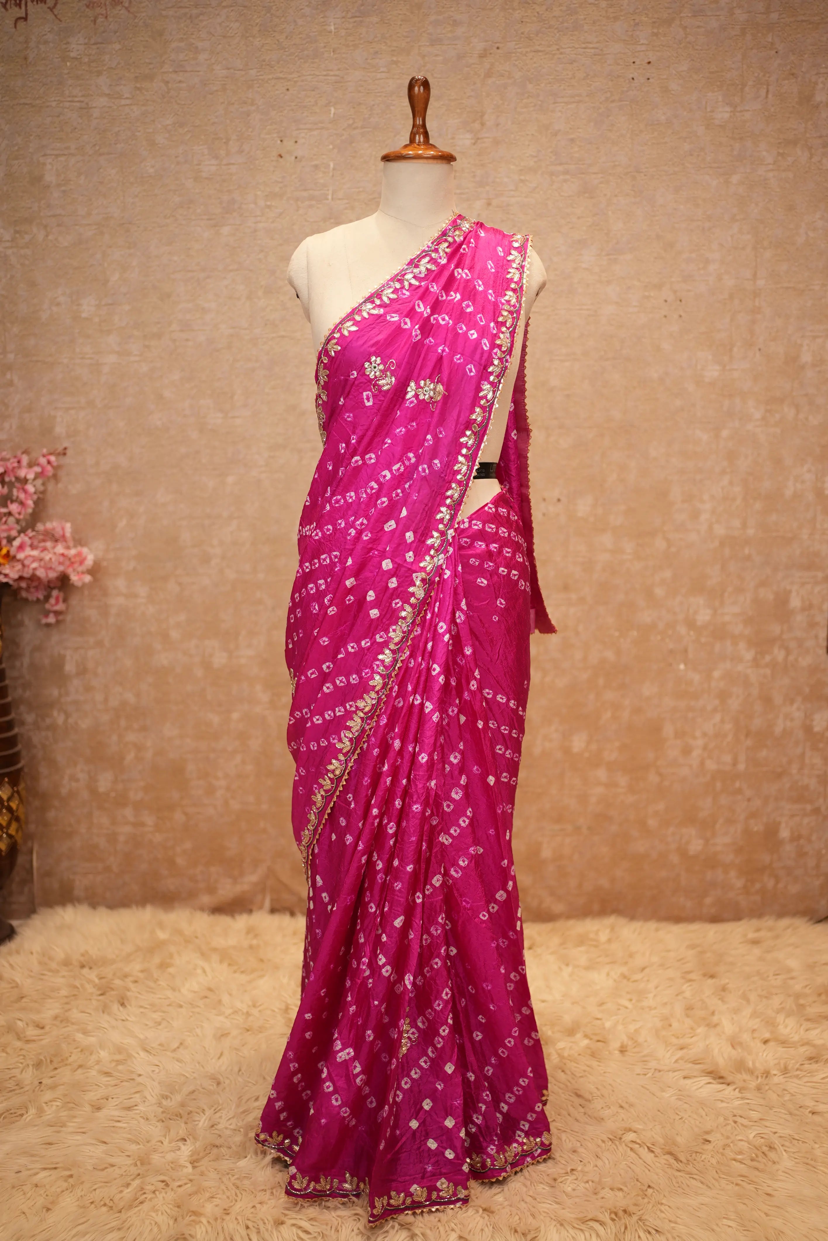 Bandhani Design Saree With Hand Bandhej & Gota Patti Work Border Along With Buti Pattern (With Blouse)