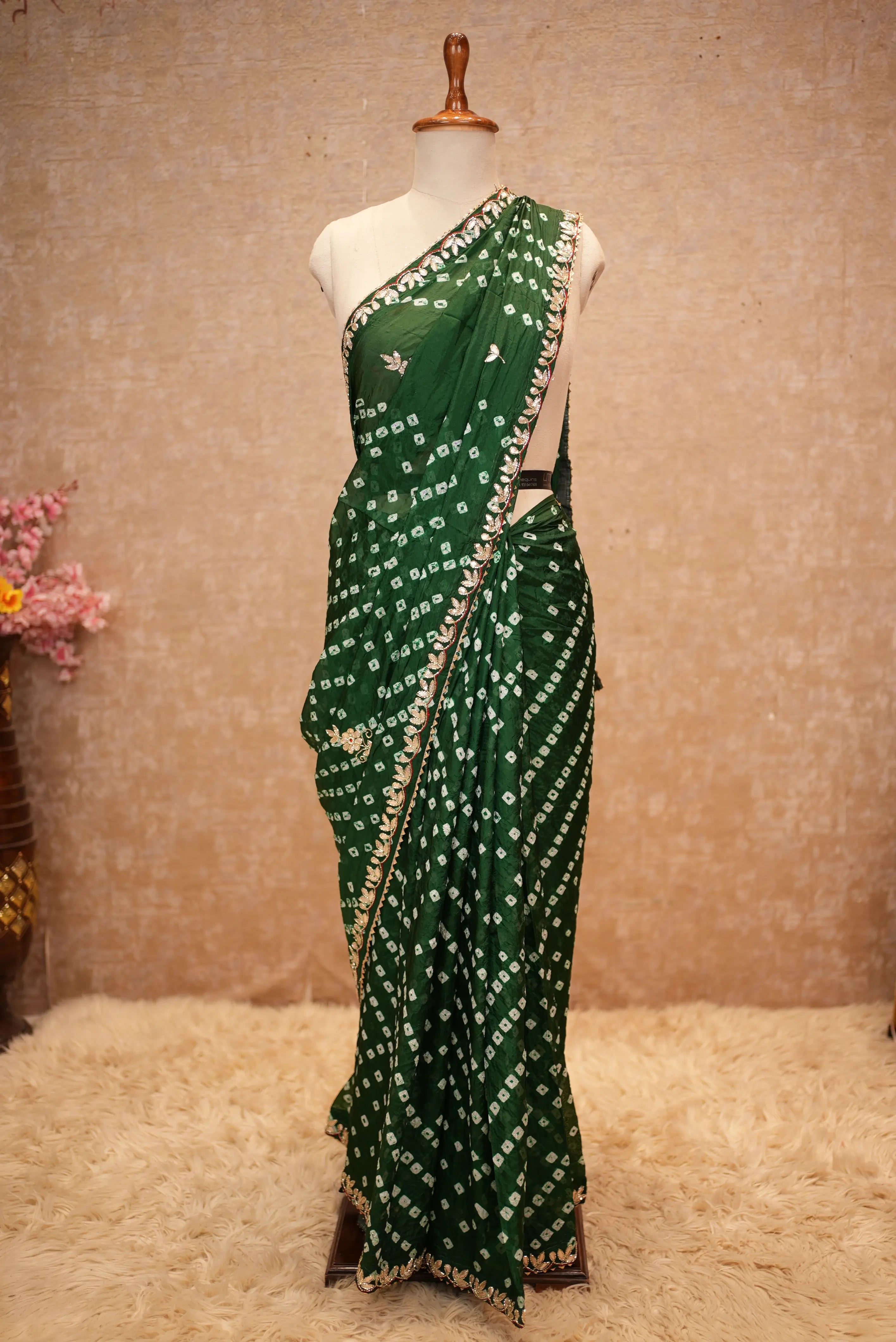 Bandhani Design Saree With Hand Bandhej & Gota Patti Work Border Along With Buti Pattern (With Blouse)