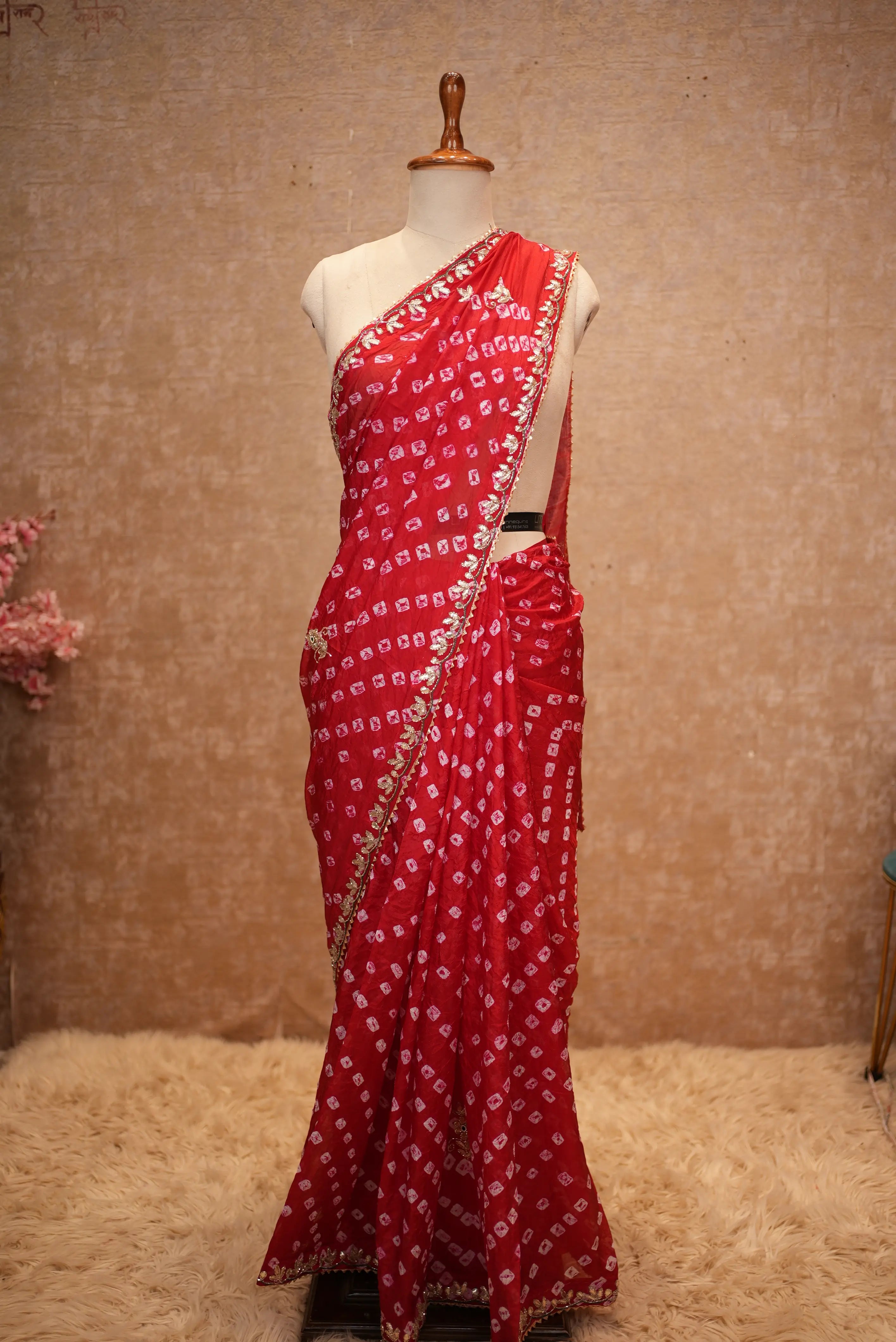 Bandhani Design Saree With Hand Bandhej & Gota Patti Work Border Along With Buti Pattern (With Blouse)