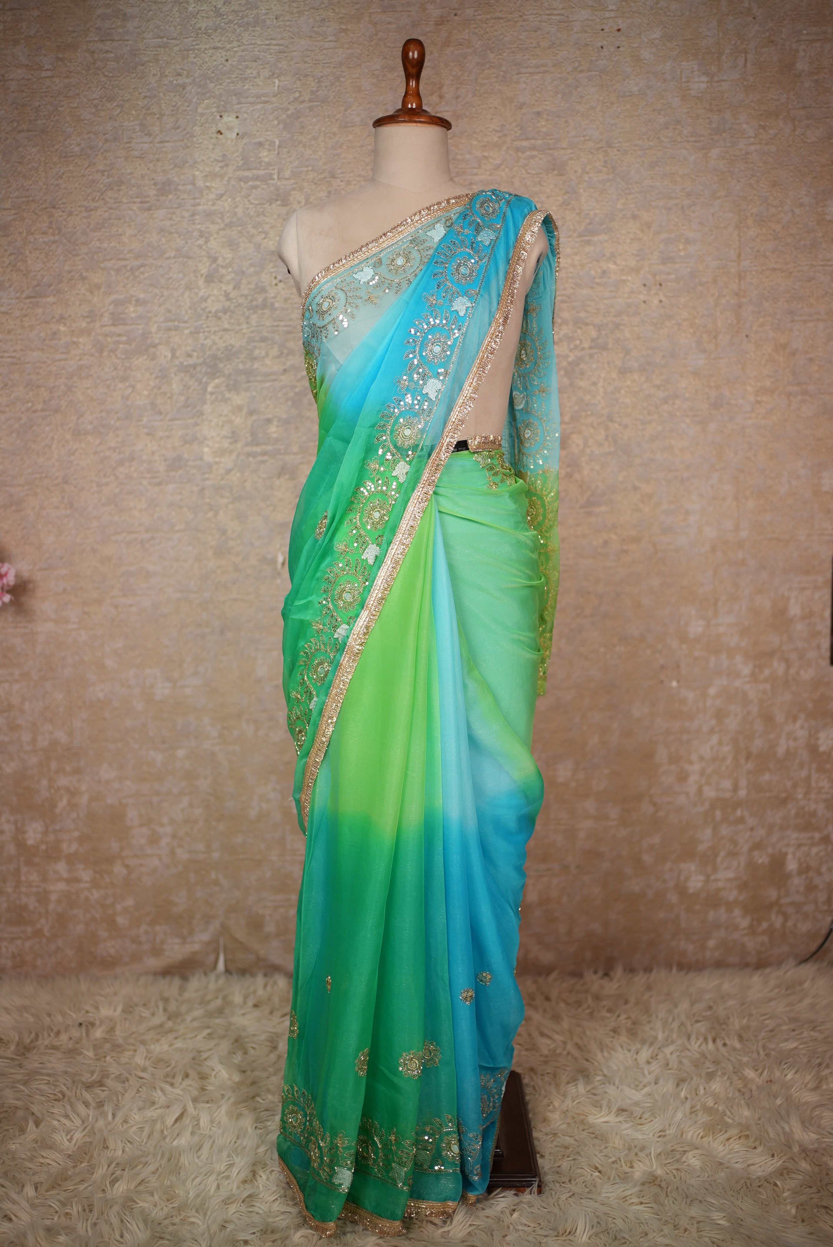Shimmer Chiffon Fabric Darbari Saree in Multishade Along with Cutdana & Sequence Work (With Blouse)