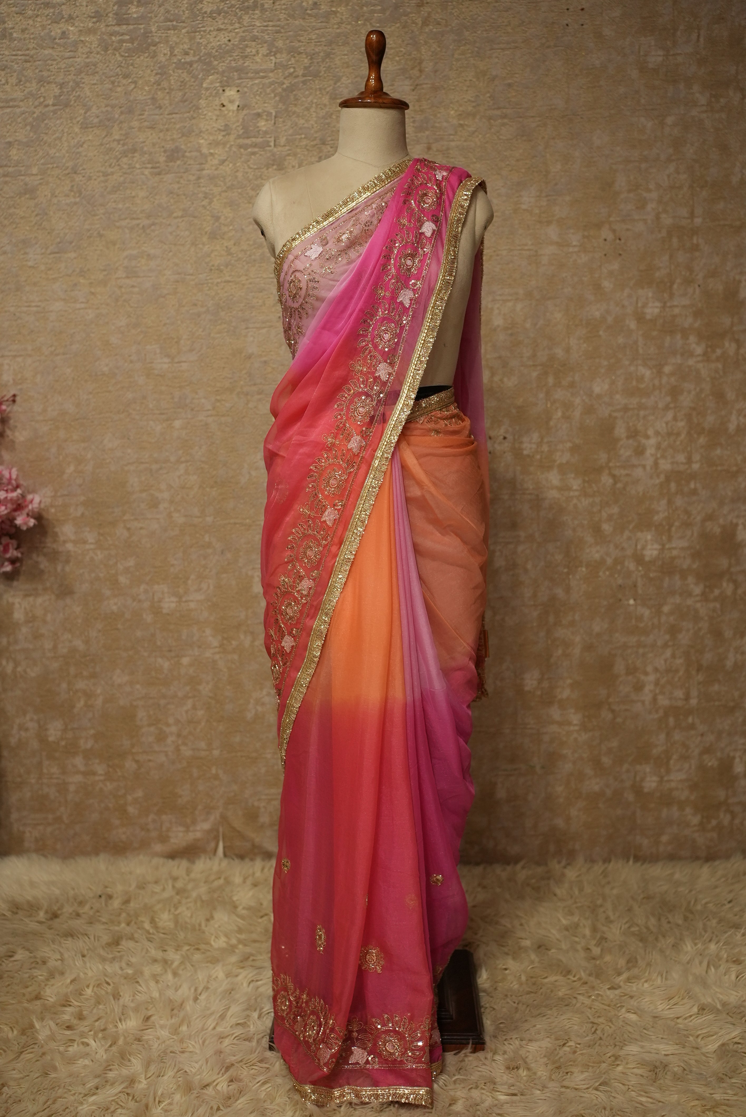 Shimmer Chiffon Fabric Darbari Saree in Multishade Along with Cutdana & Sequence Work (With Blouse)