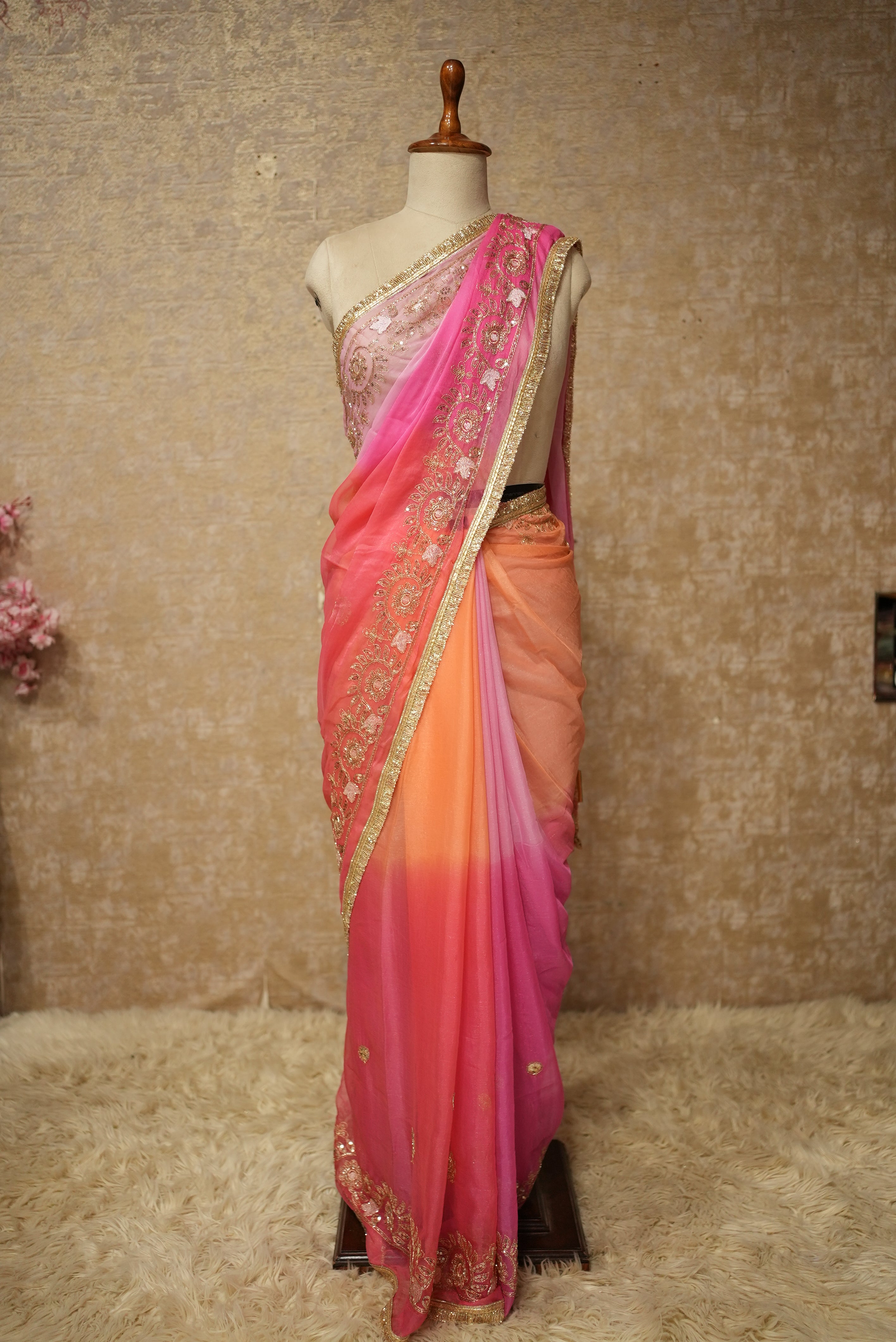 Shimmer Chiffon Fabric Darbari Saree in Multishade Along with Cutdana & Sequence Work (With Blouse)