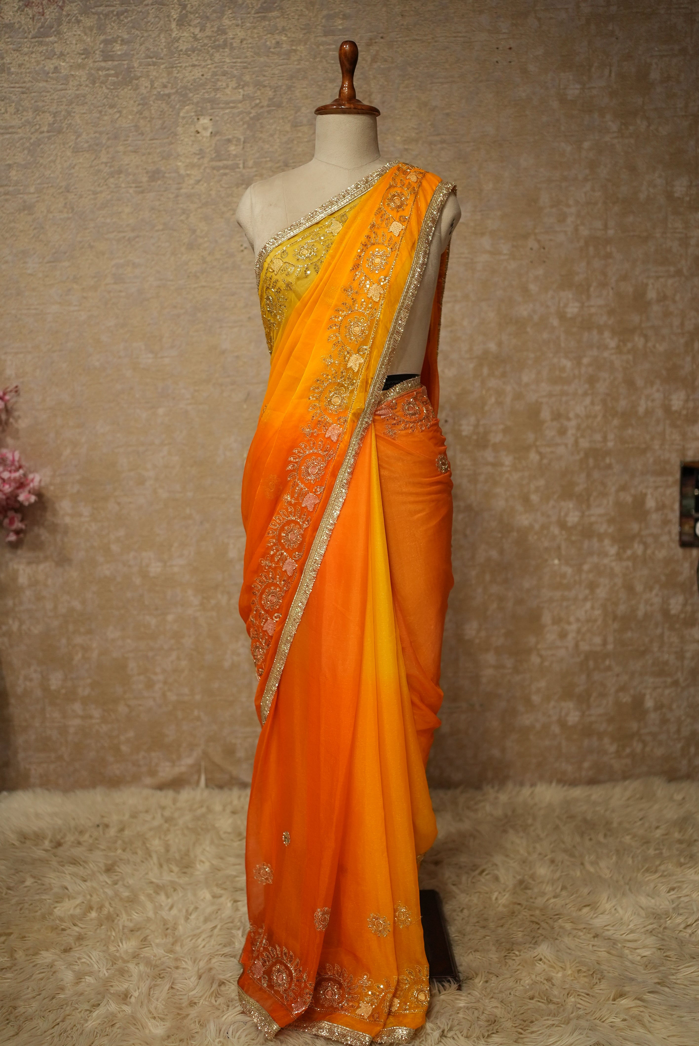 Shimmer Chiffon Fabric Darbari Saree in Multishade Along with Cutdana & Sequence Work (With Blouse)