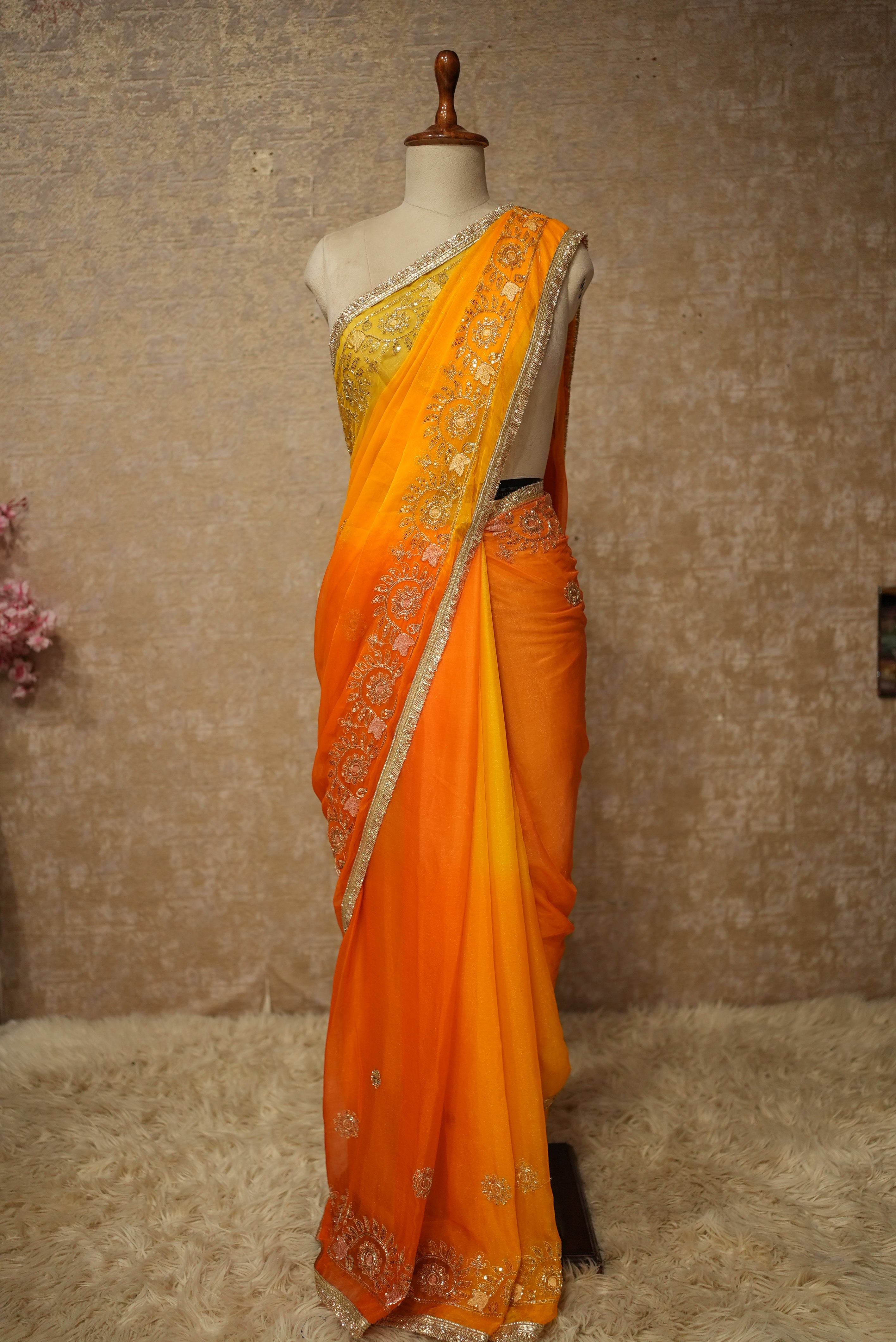 Shimmer Chiffon Fabric Darbari Saree in Multishade Along with Cutdana & Sequence Work (With Blouse)