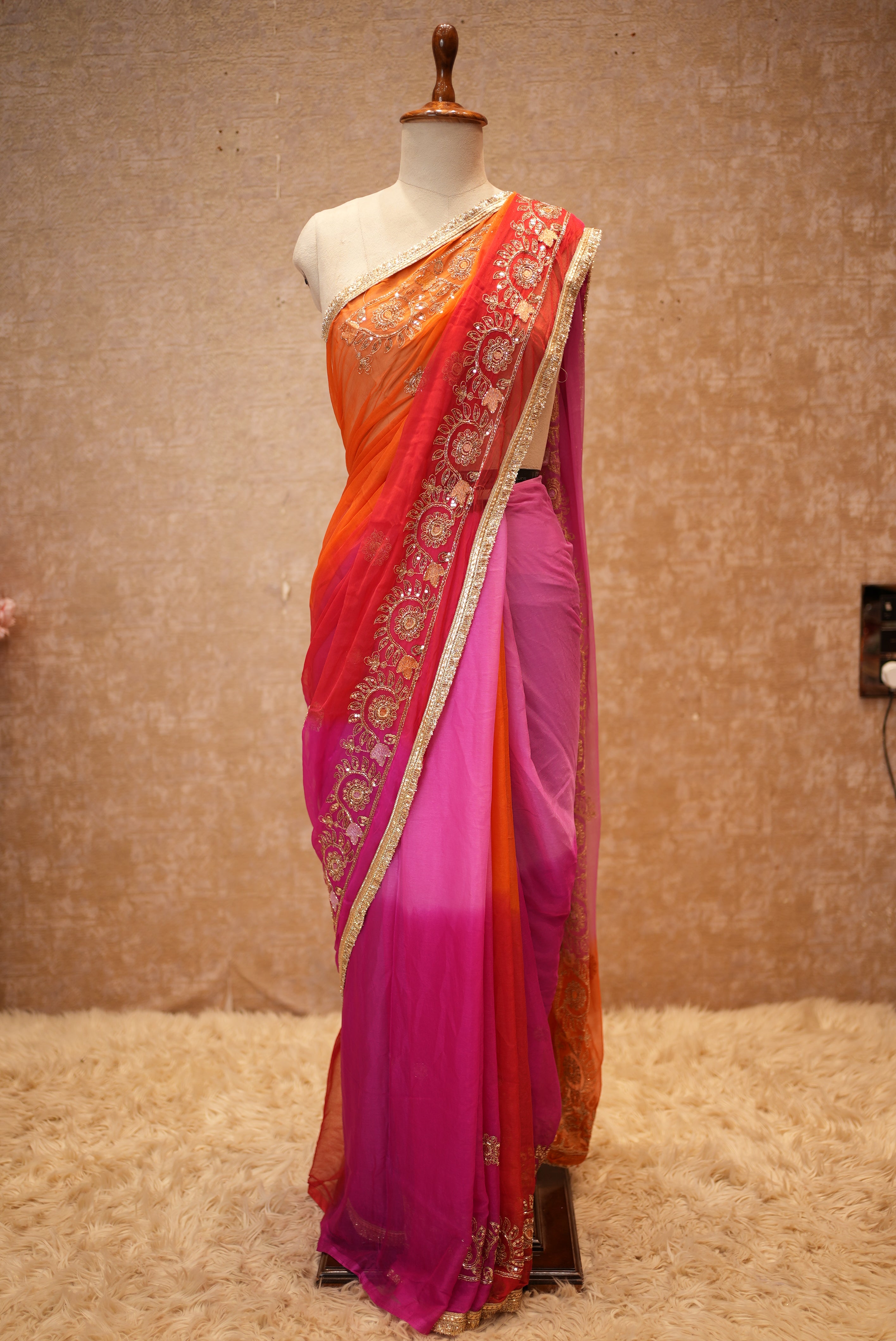 Shimmer Chiffon Fabric Darbari Saree in Multishade Along with Cutdana & Sequence Work (With Blouse)