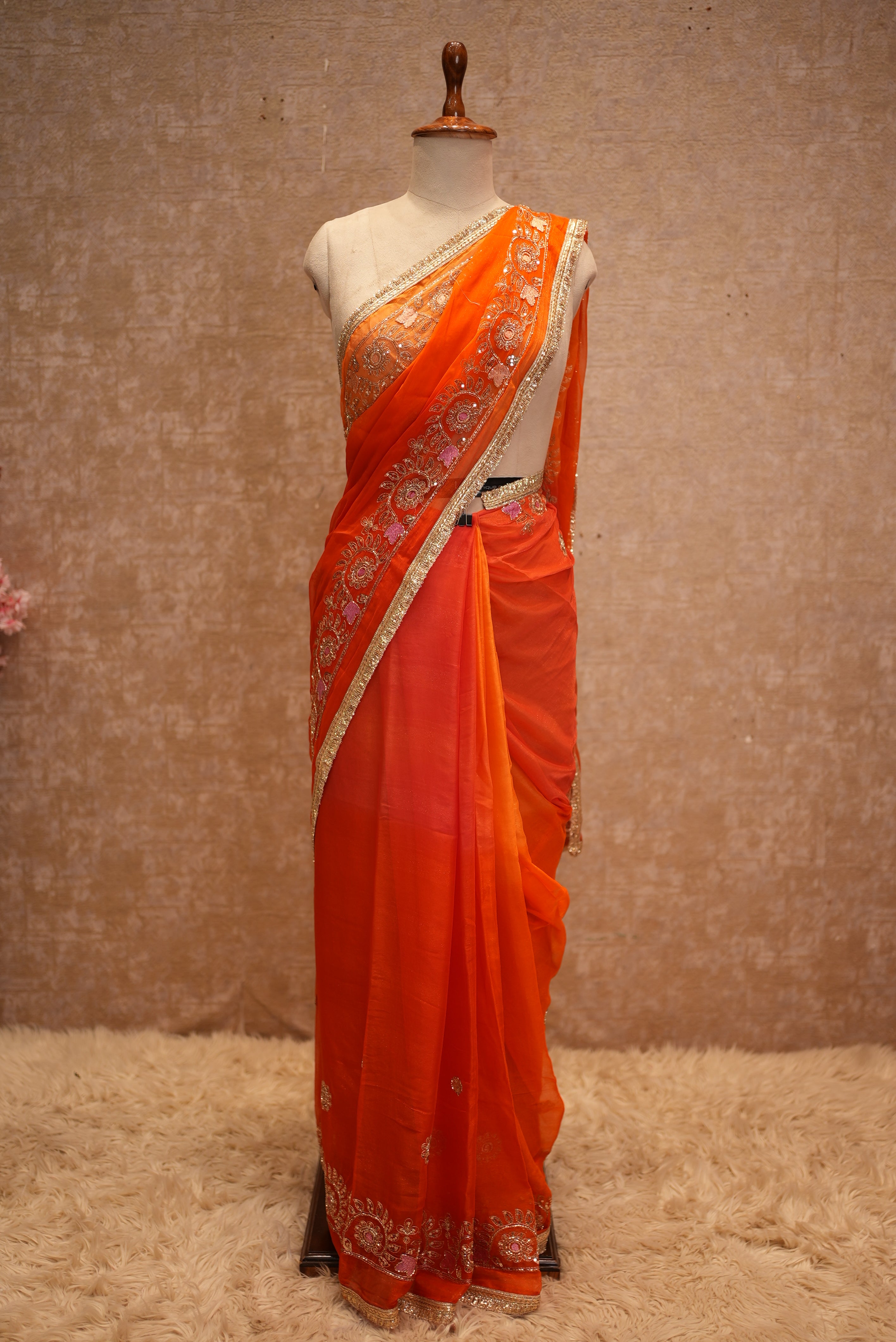 Shimmer Chiffon Fabric Darbari Saree in Multishade Along with Cutdana & Sequence Work (With Blouse)