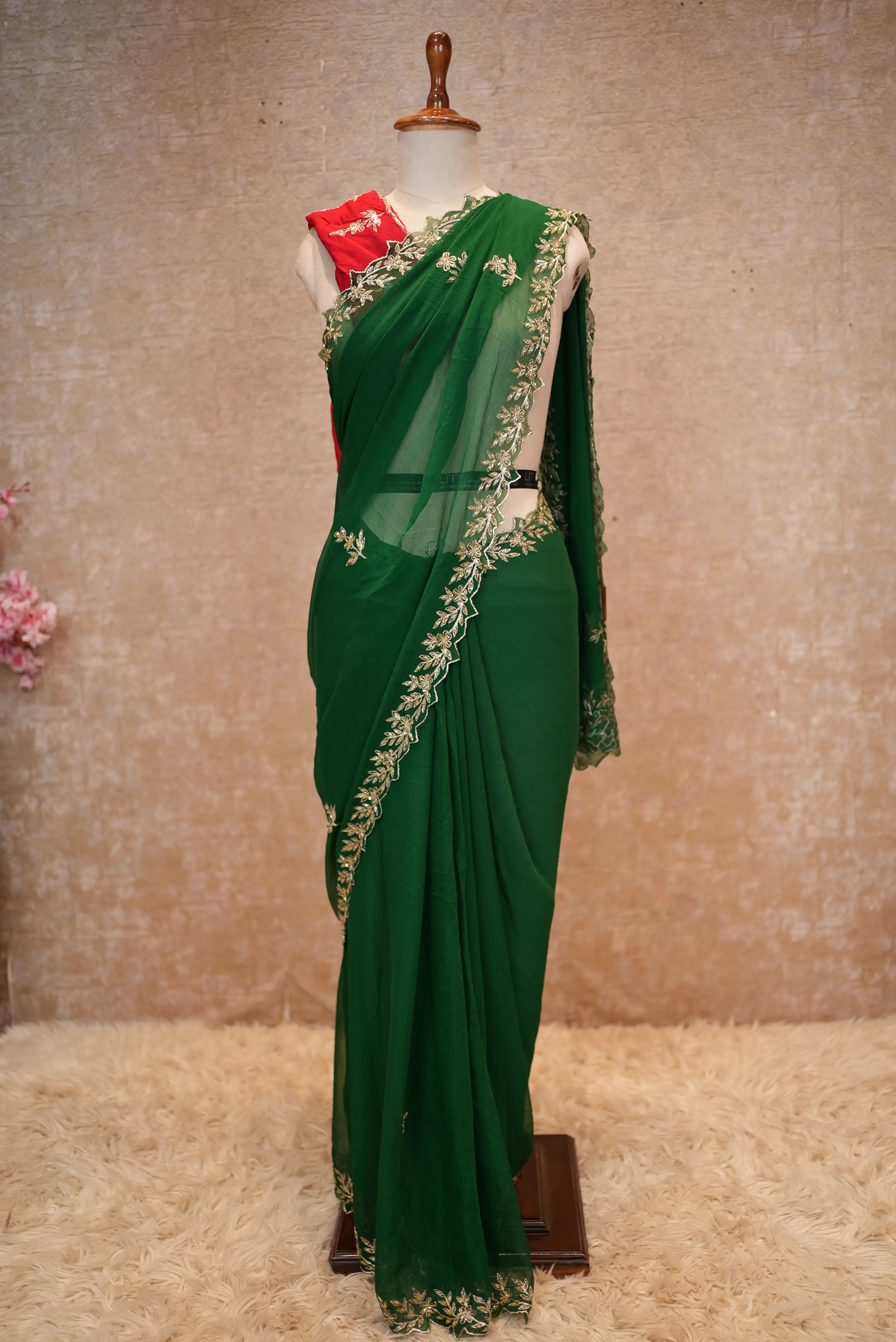Vintage Work Pure Thakur Ji Chiffon Fabric Saree With Sequence,Aari,Cutdana Work (With Blouse)
