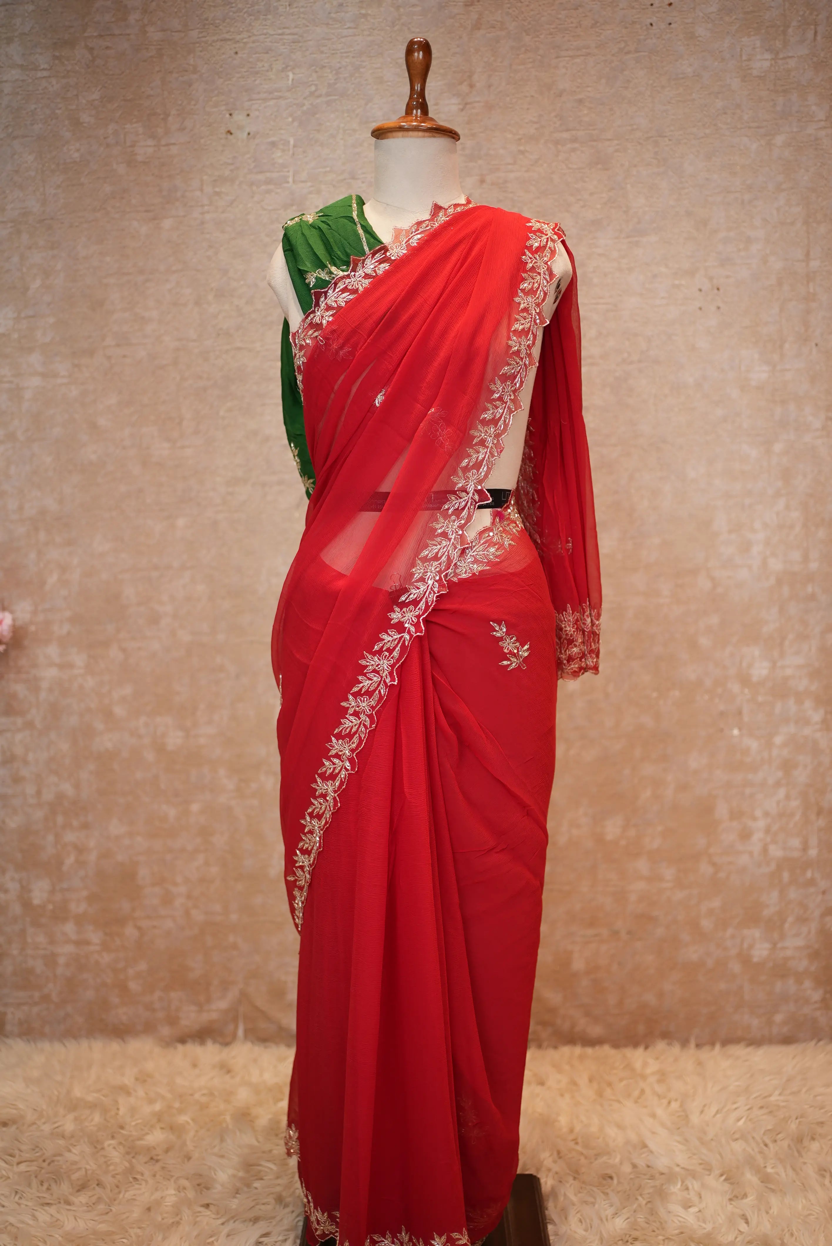 Vintage Work Pure Thakur Ji Chiffon Fabric Saree With Sequence,Aari,Cutdana Work (With Blouse)