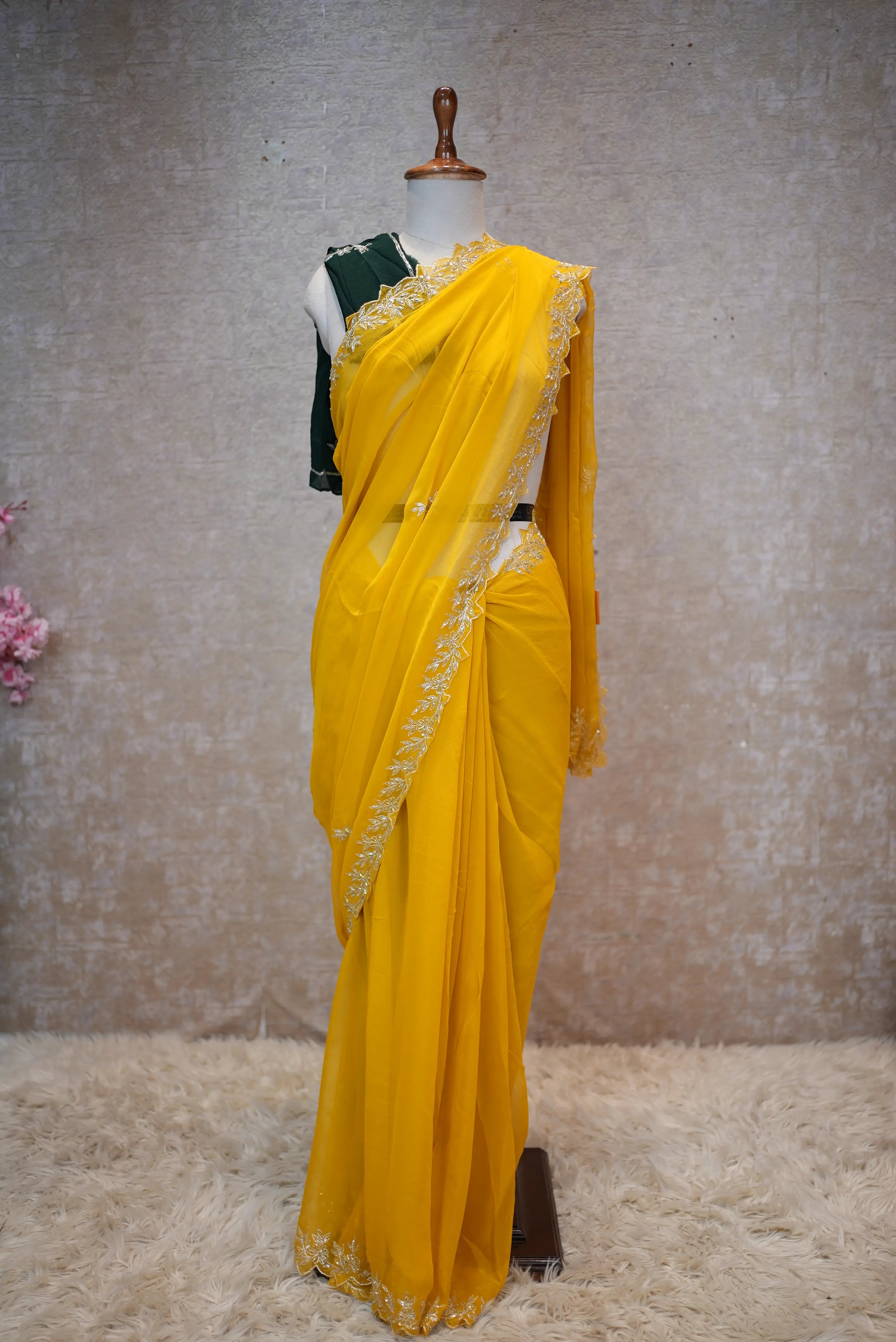 Vintage Work Pure Thakur Ji Chiffon Fabric Saree With Sequence,Aari,Cutdana Work (With Blouse)
